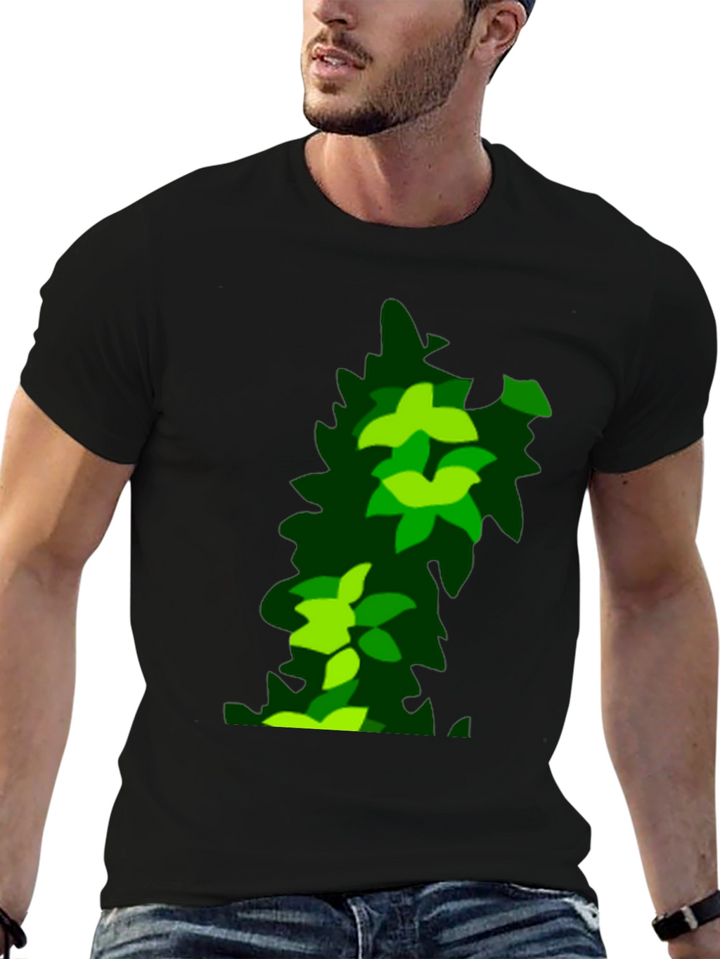 Green Leaf Pattern Black T-Shirt