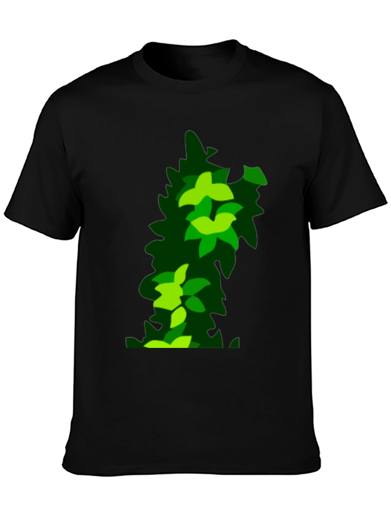 Green Leaf Pattern Black T-Shirt