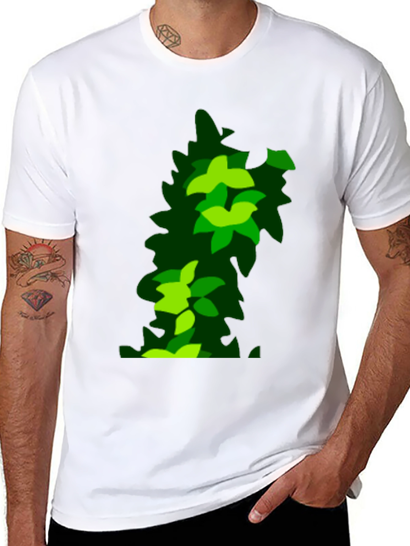 Green Leaf Pattern Black T-Shirt