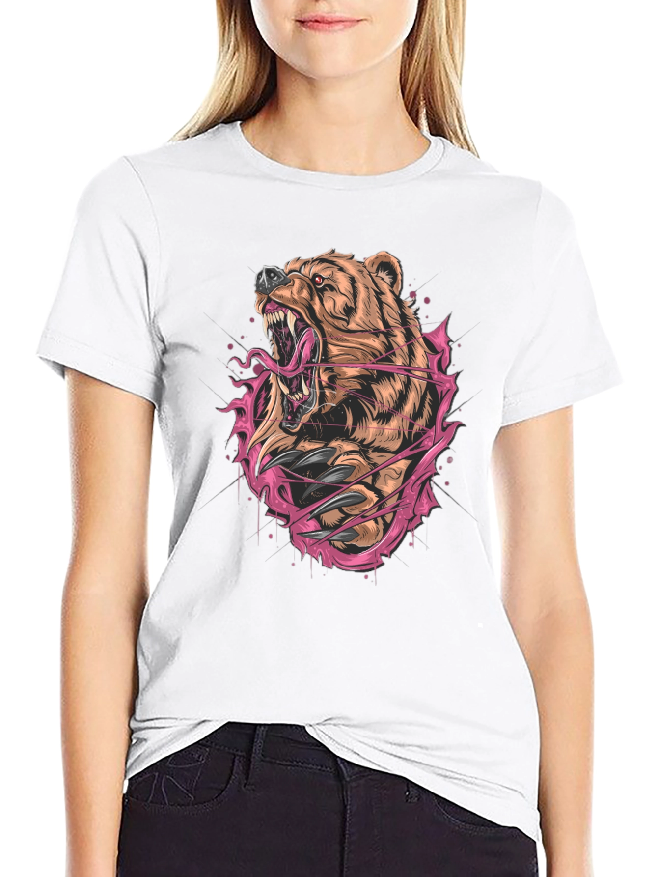 Bear Graphic Print Black T-Shirt