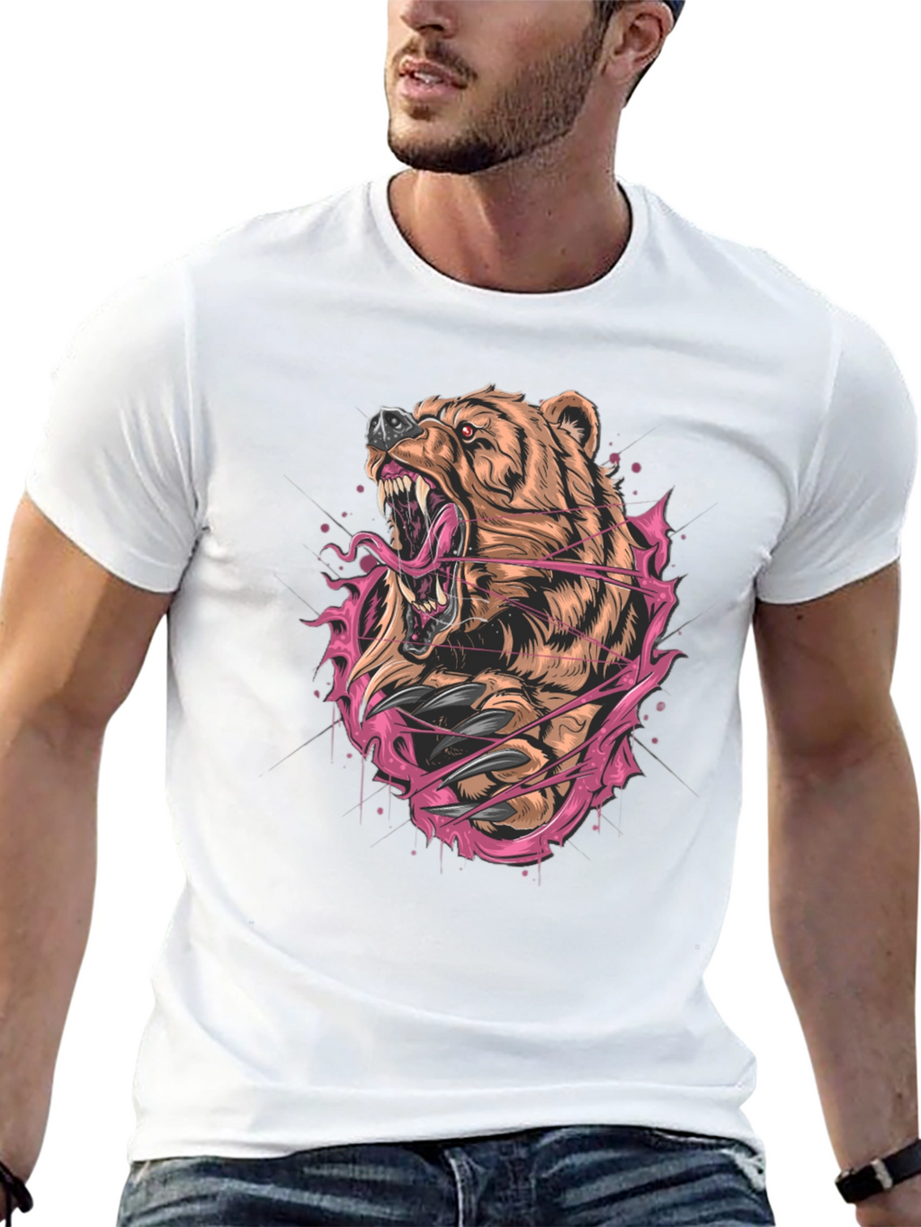 Bear Graphic Print Black T-Shirt