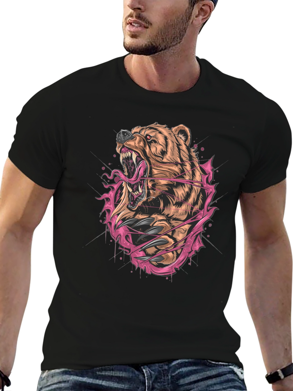 Bear Graphic Print Black T-Shirt