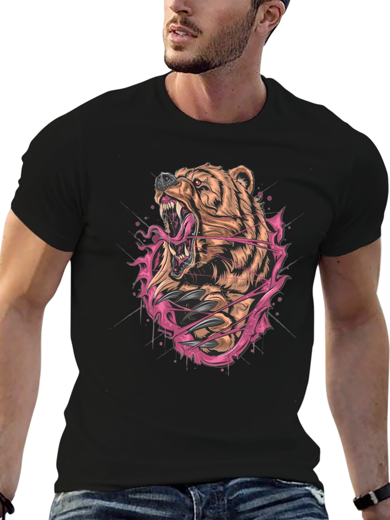 Bear Graphic Print Black T-Shirt