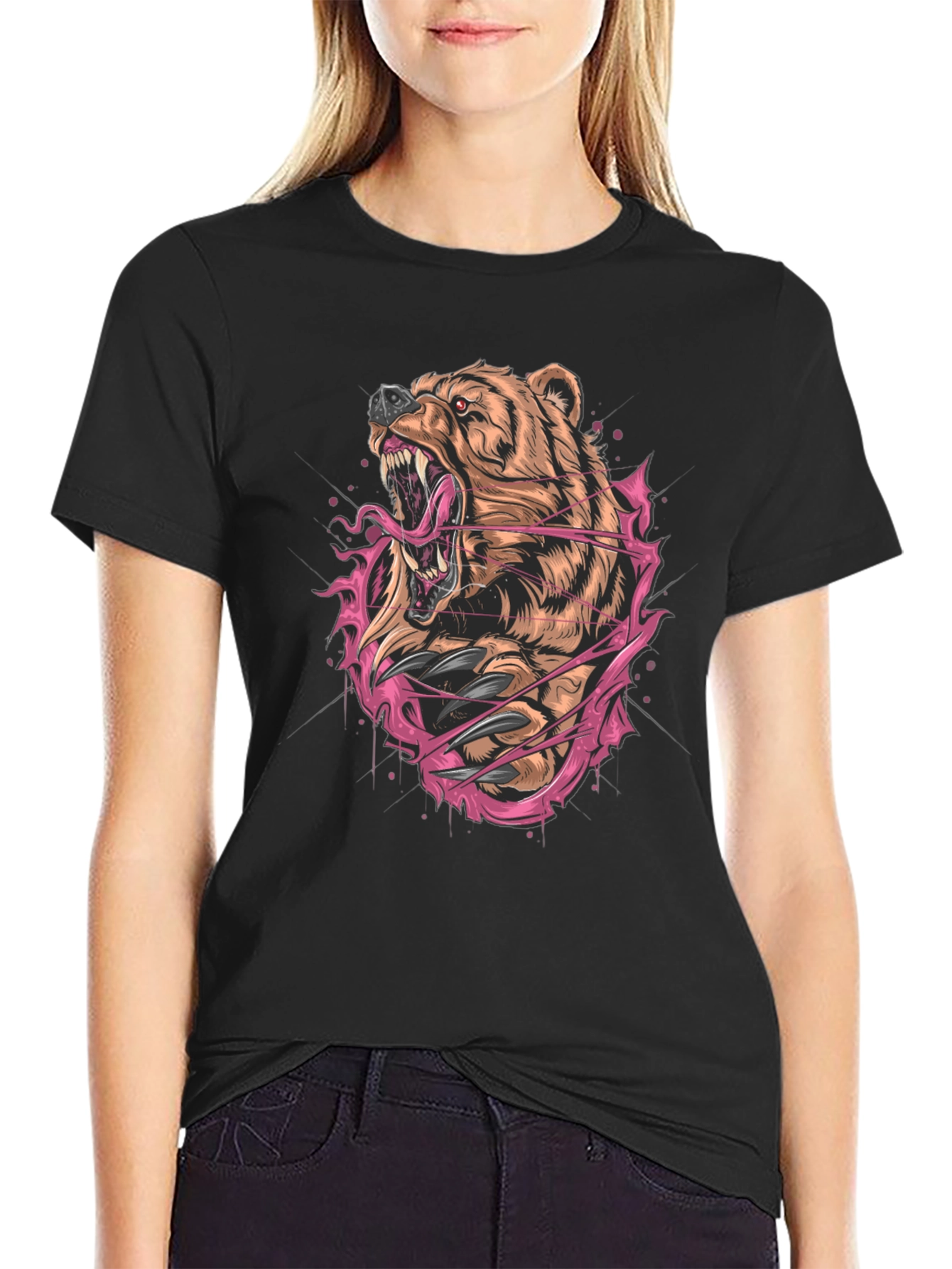 Bear Graphic Print Black T-Shirt