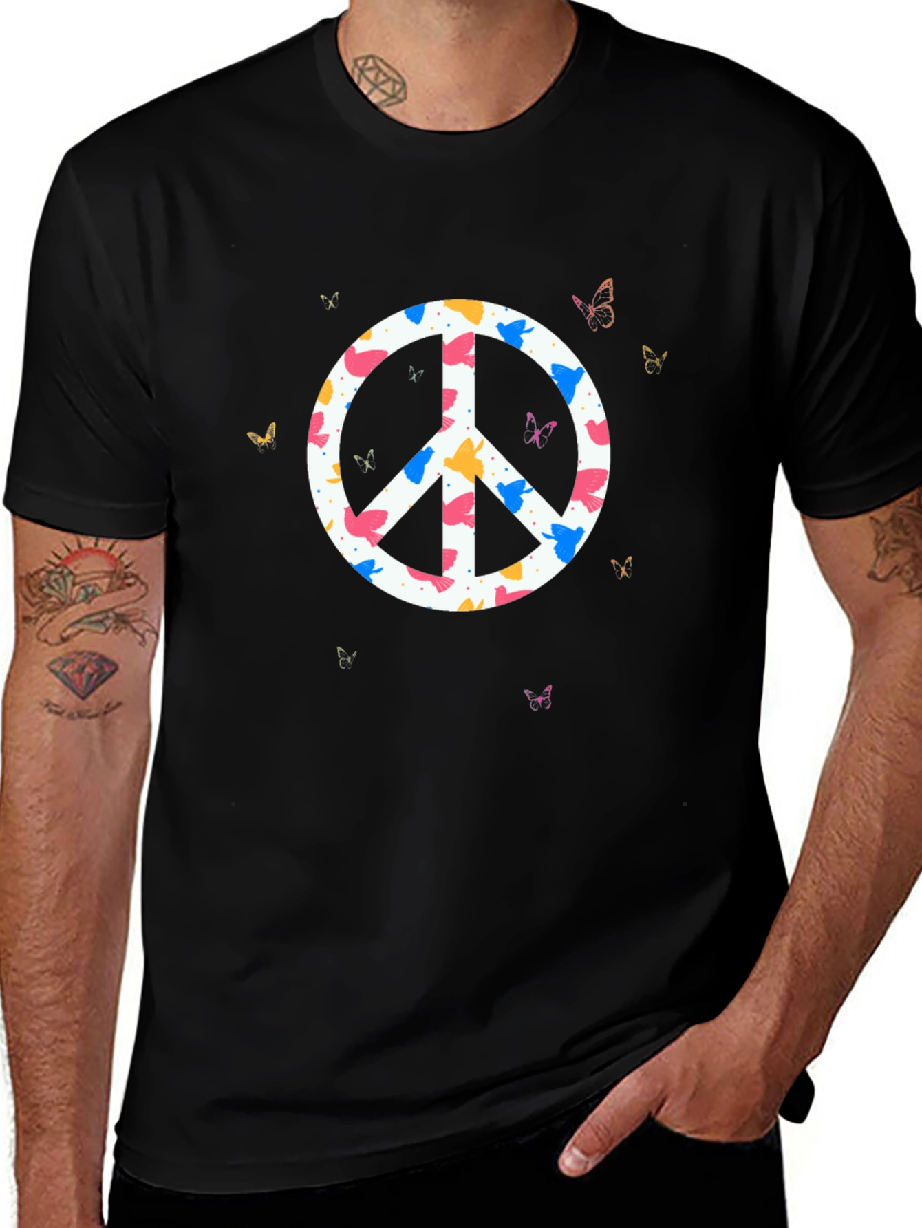 Peace Sign Butterfly Graphic Tee - Black Cotton T-Shirt