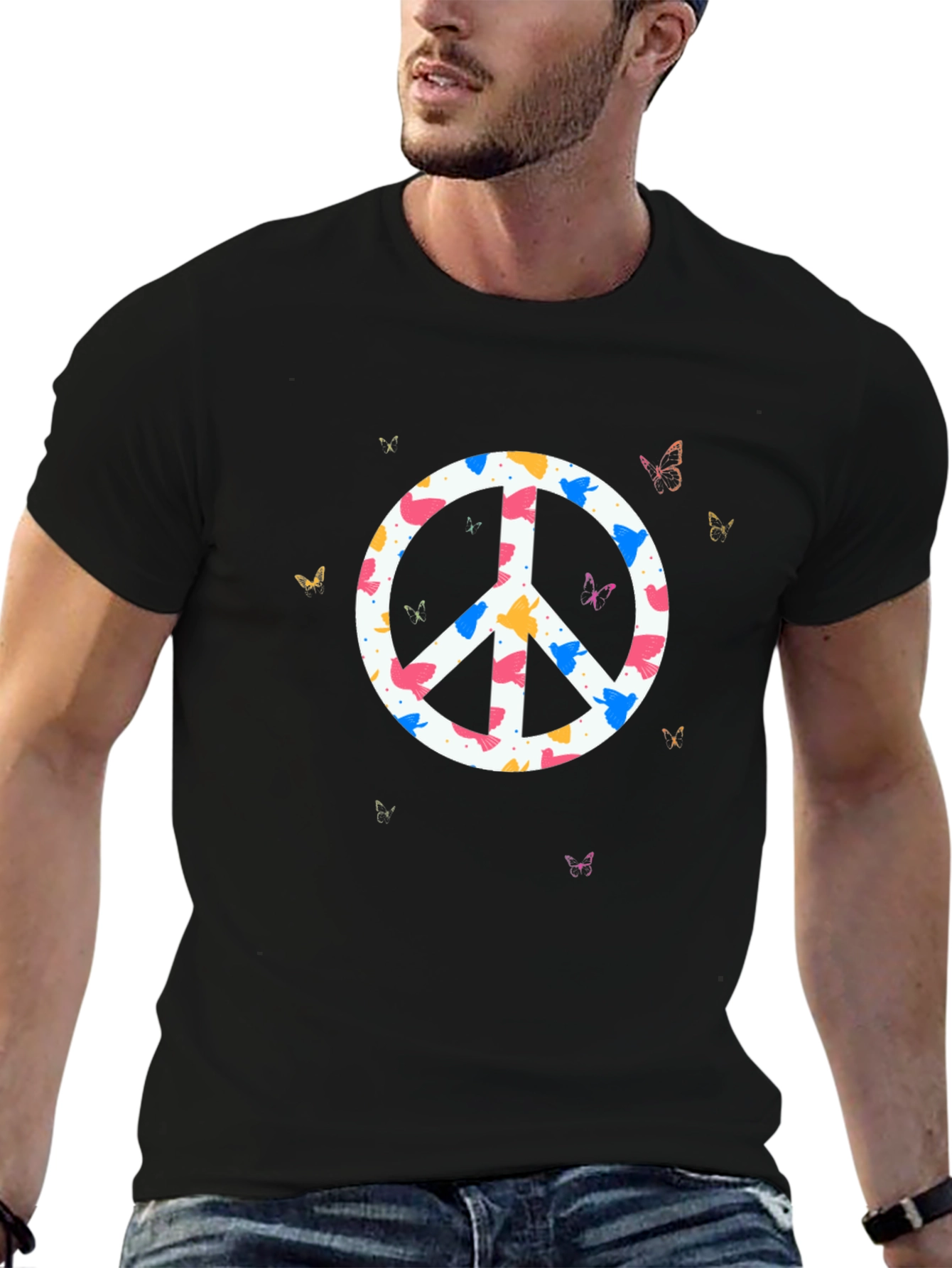 Peace Sign Butterfly Graphic Tee - Black Cotton T-Shirt