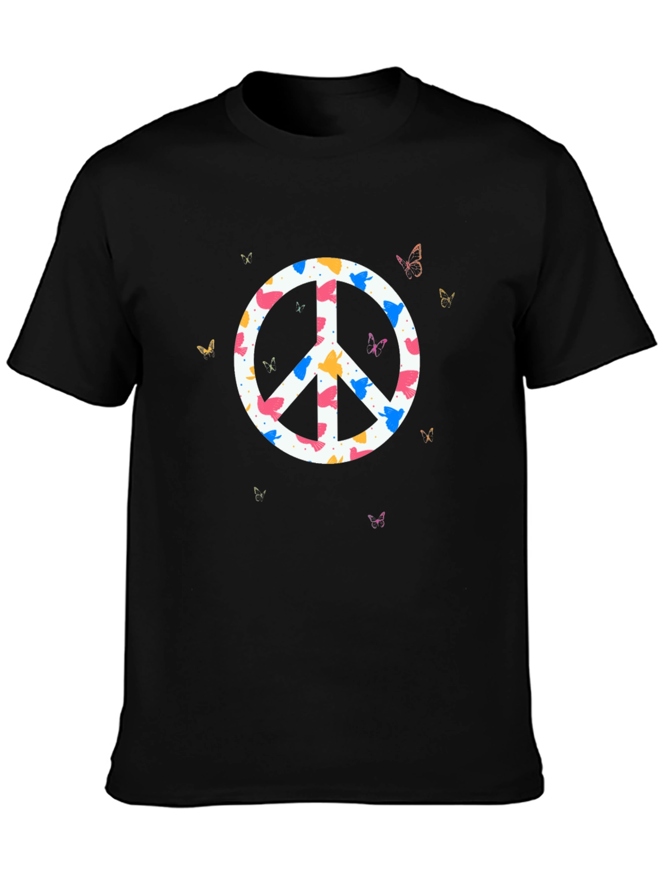 Peace Sign Butterfly Graphic Tee - Black Cotton T-Shirt