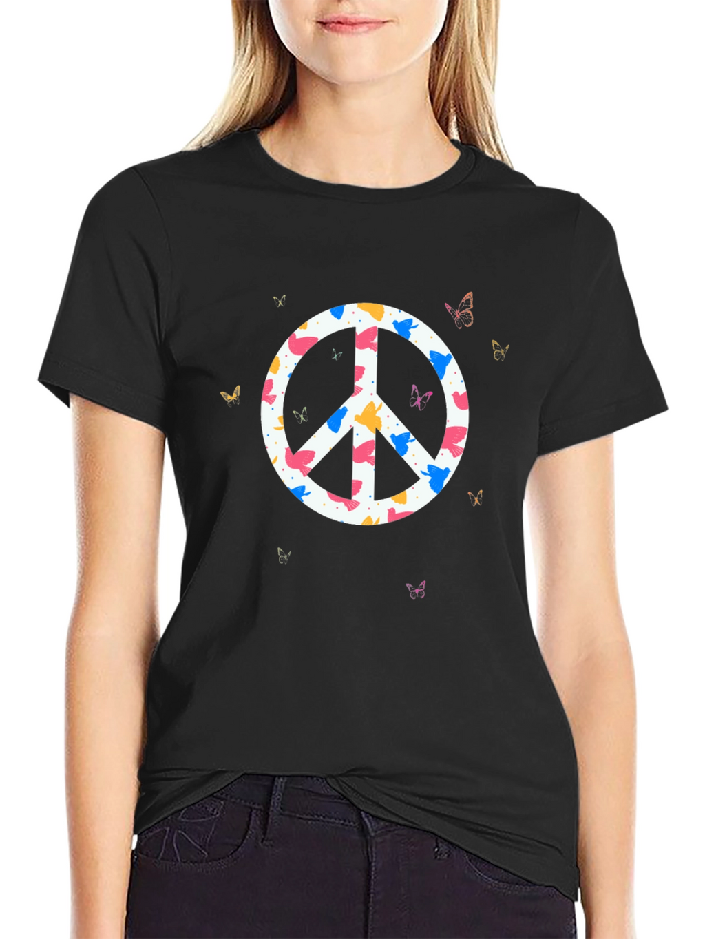 Peace Sign Butterfly Graphic Tee - Black Cotton T-Shirt