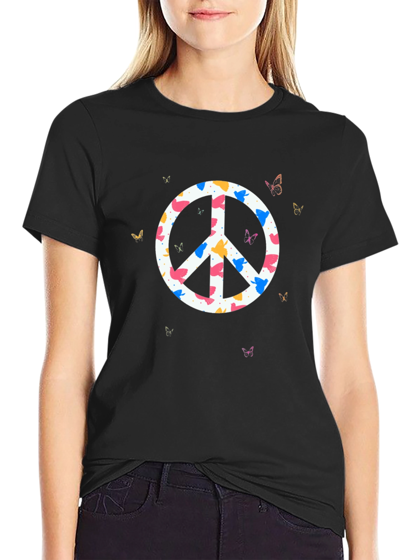 Peace Sign Butterfly Graphic Tee - Black Cotton T-Shirt