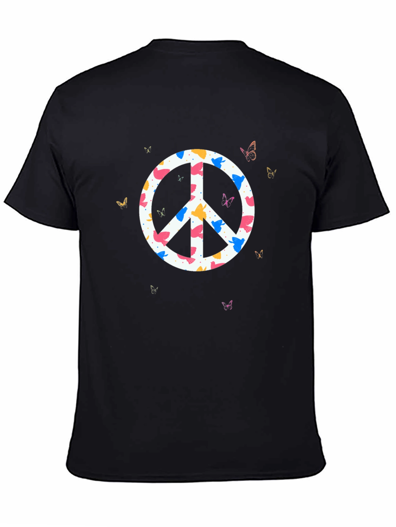 Peace Sign Butterfly Graphic Tee - Black Cotton T-Shirt