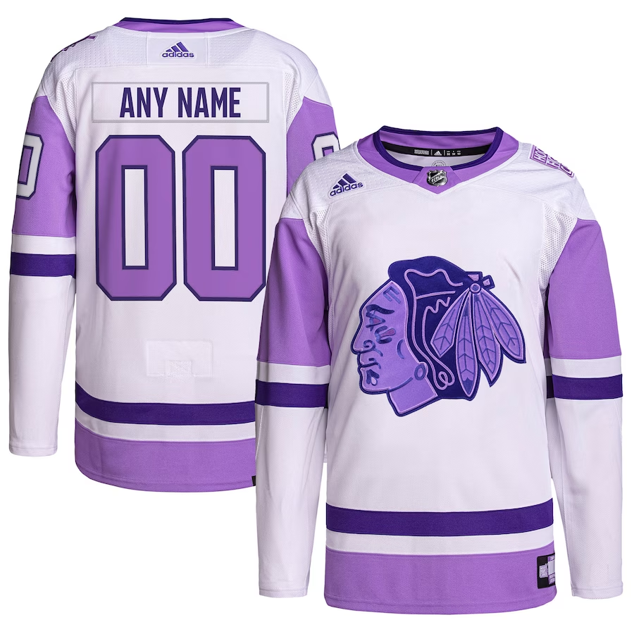 Men's Chicago Blackhawks White/Purple Hockey Fights Cancer Primegreen Authentic Custom Jerseys