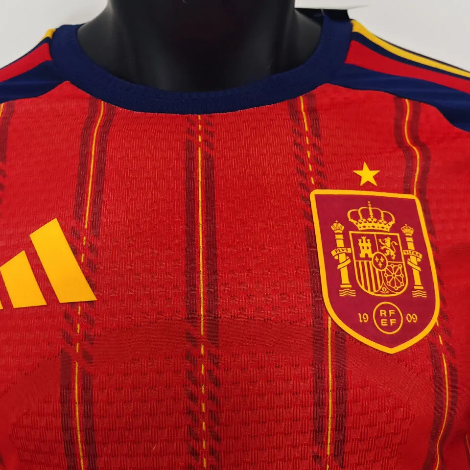 2026/27 Spain Home Red Player Version Long Sleeve Soccer Jersey Detail 1
