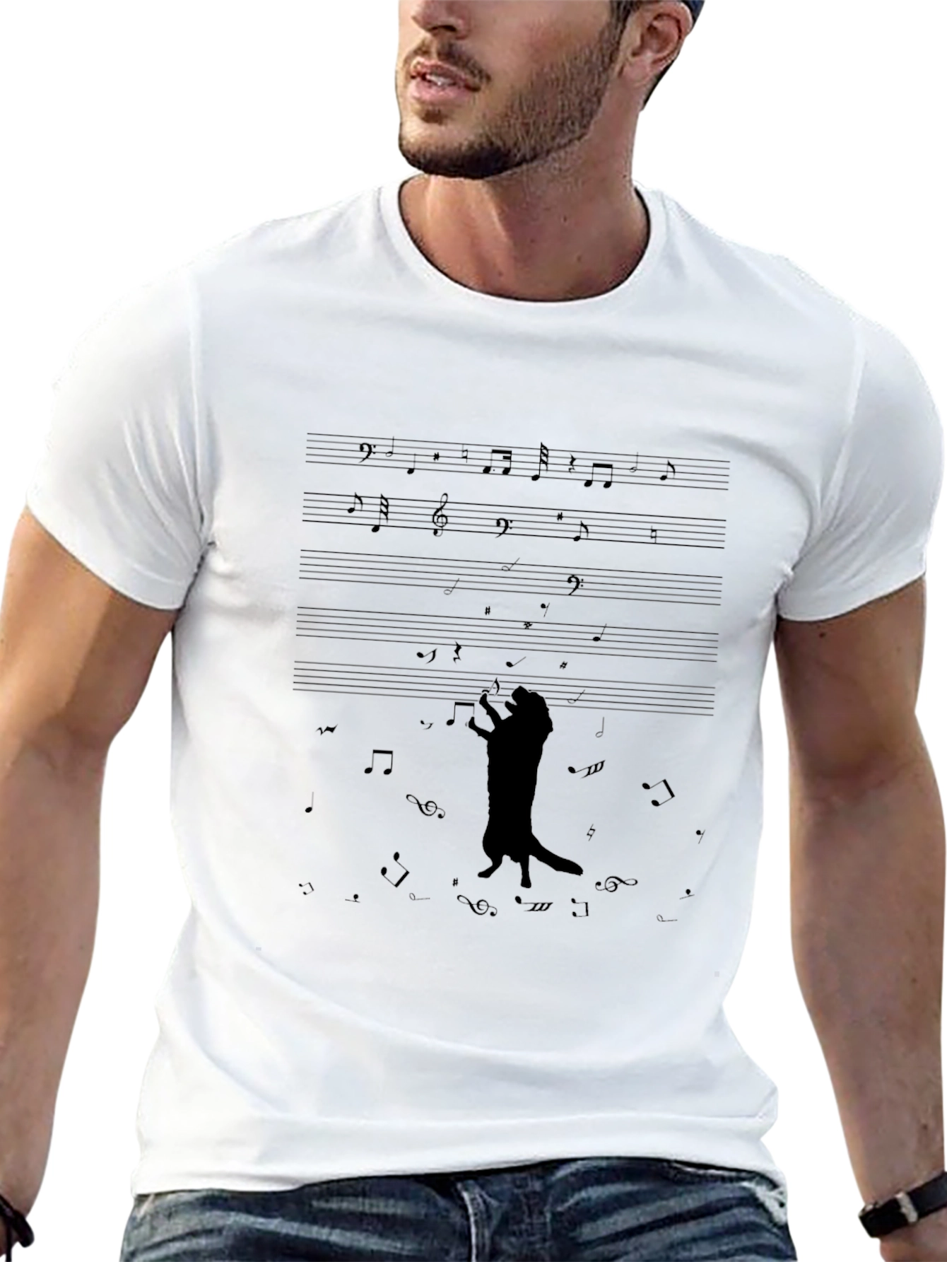 Musical Cat T-Shirt - Black Crew Neck Graphic Tee
