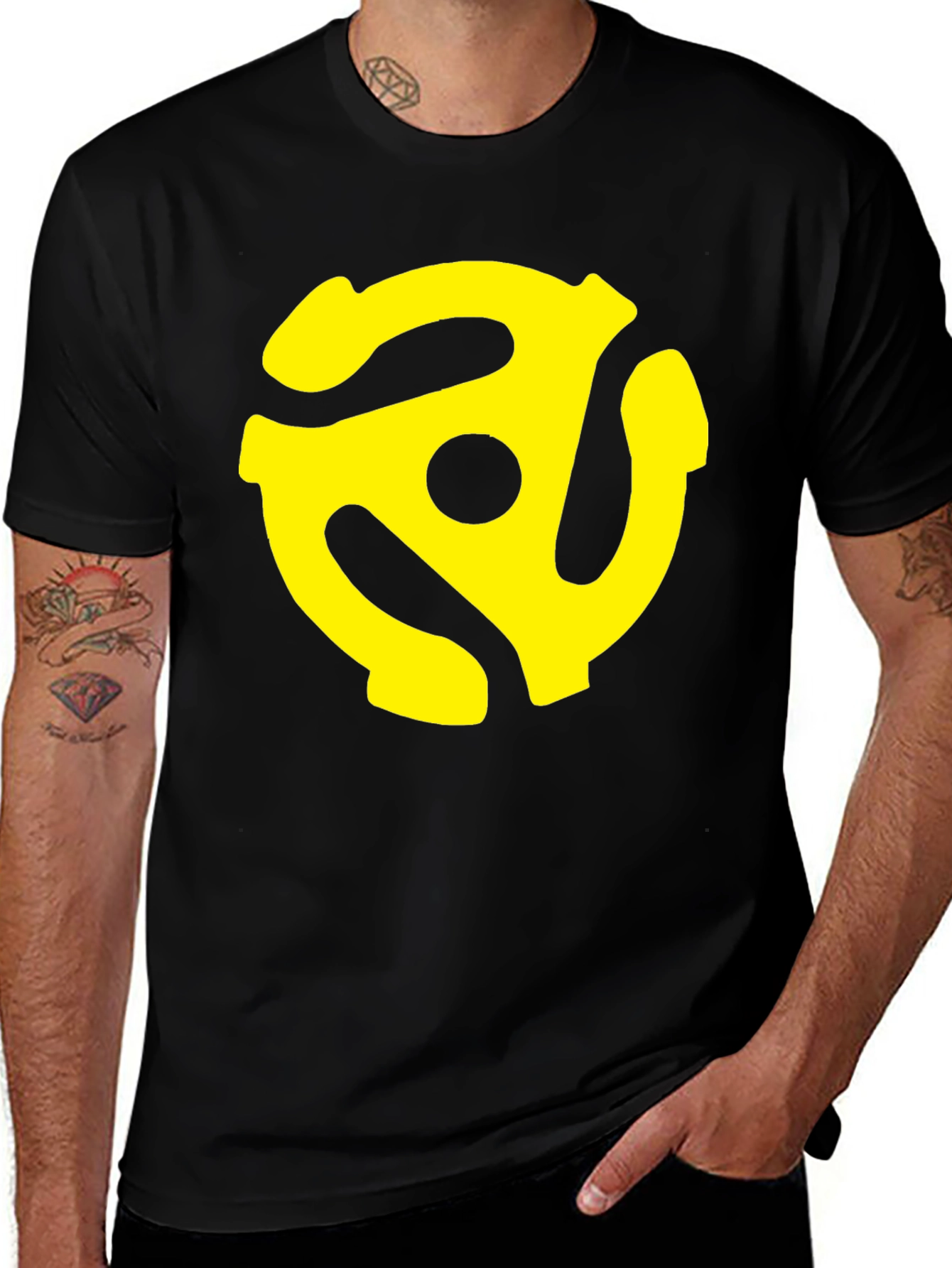 Black T-Shirt with Yellow Record Adapter Graphic