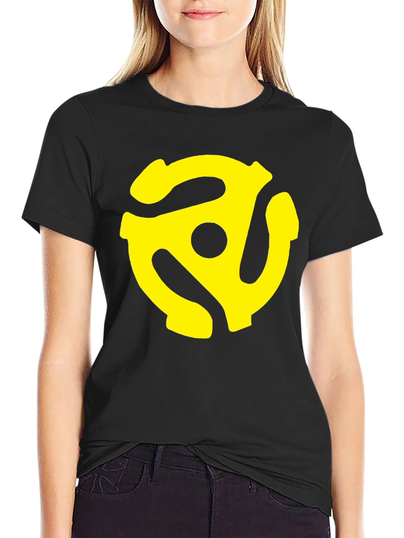 Black T-Shirt with Yellow Record Adapter Graphic