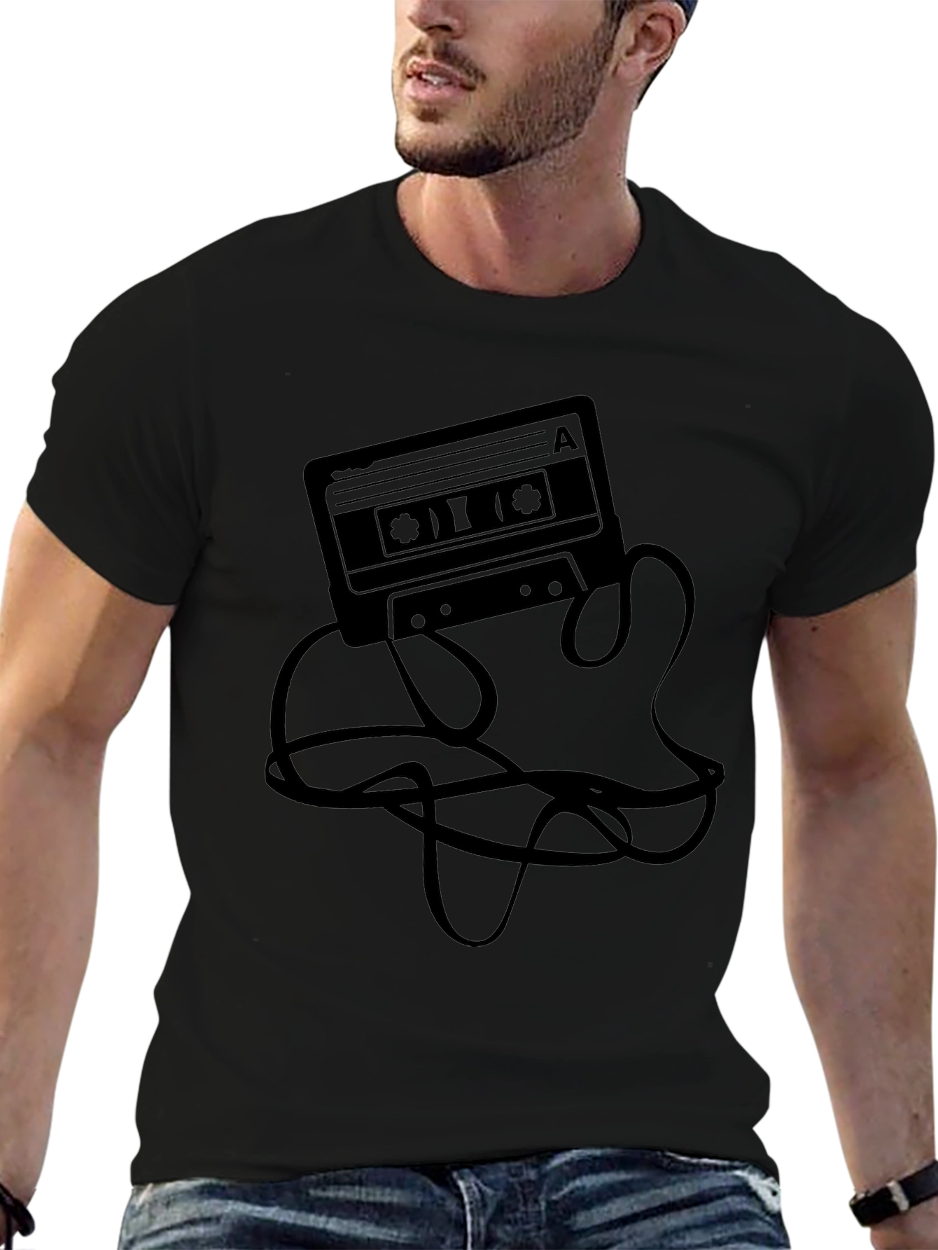 Retro Cassette Tape Graphic Tee - Black Casual T-Shirt