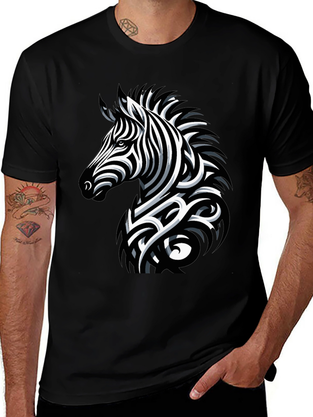 Zebra Print Mens Black T-Shirt