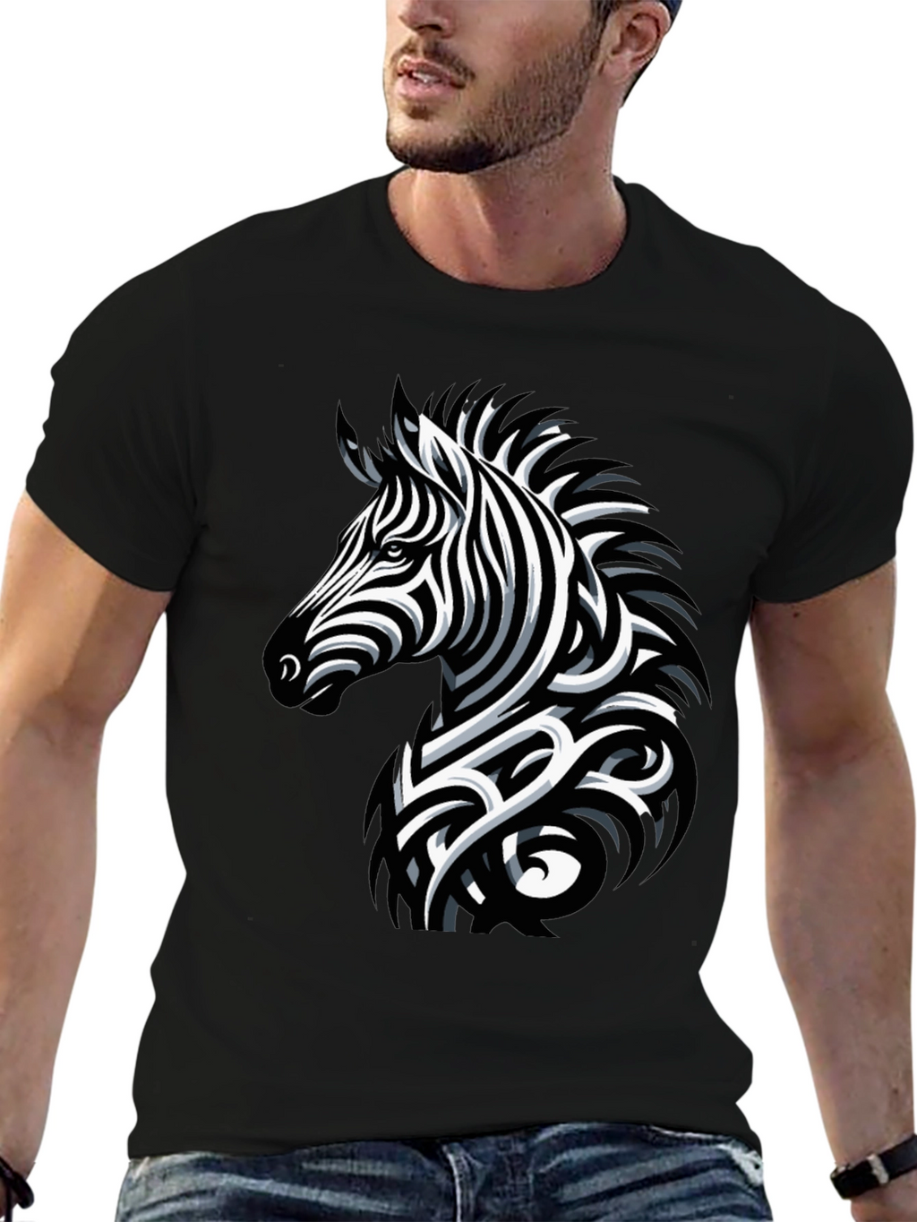 Zebra Print Mens Black T-Shirt