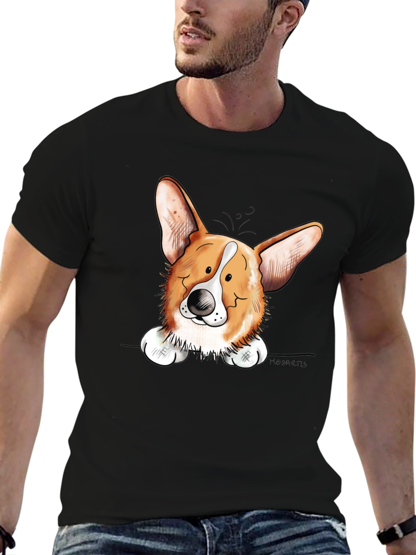 Corgi Dog Graphic Print Mens Black T-Shirt