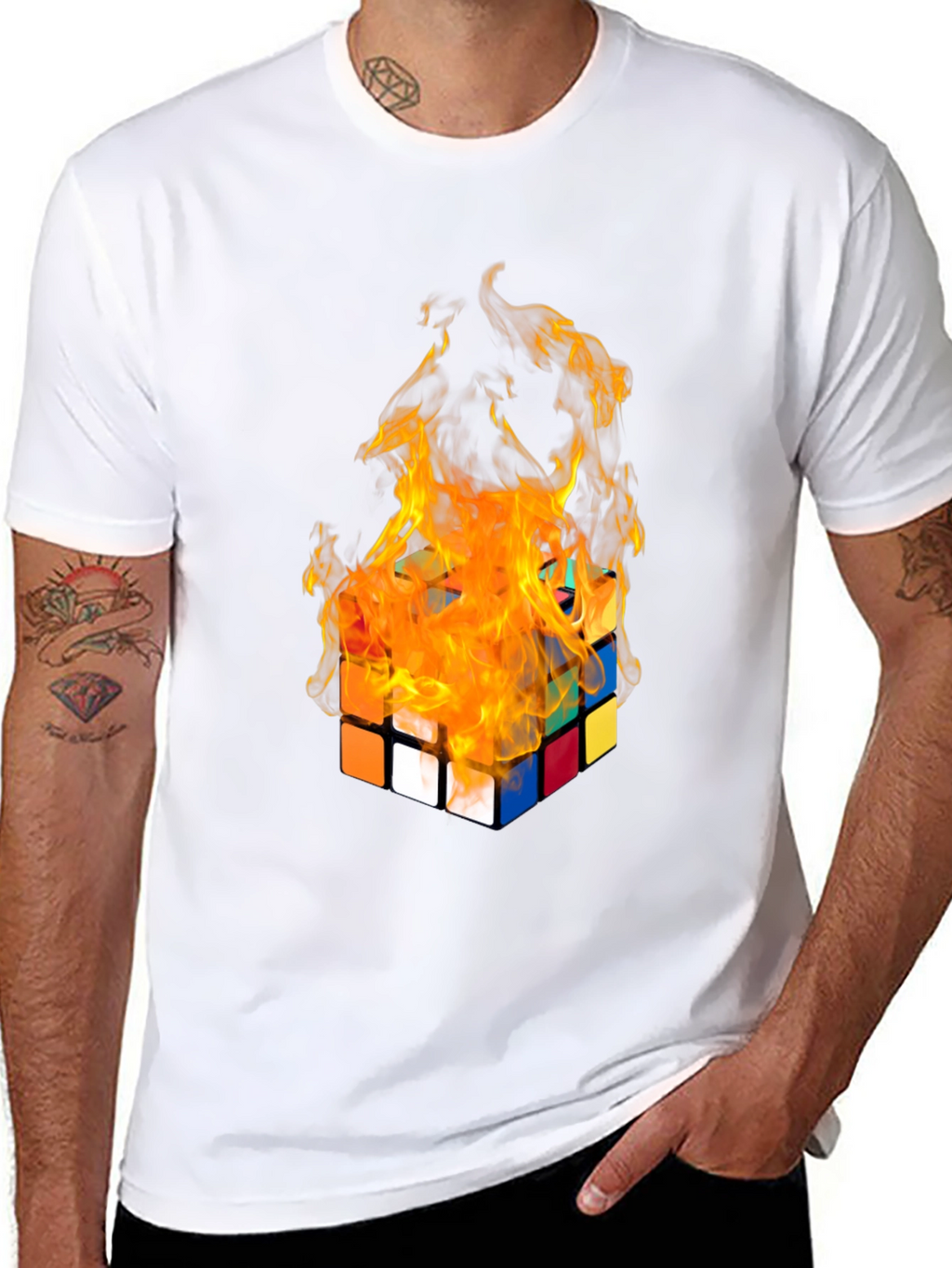 Flaming Rubiks Cube Graphic Tee - Cool Design