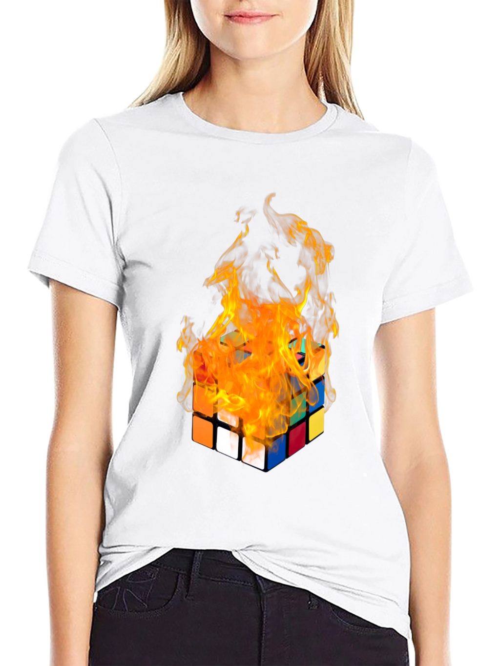 Flaming Rubiks Cube Graphic Tee - Cool Design