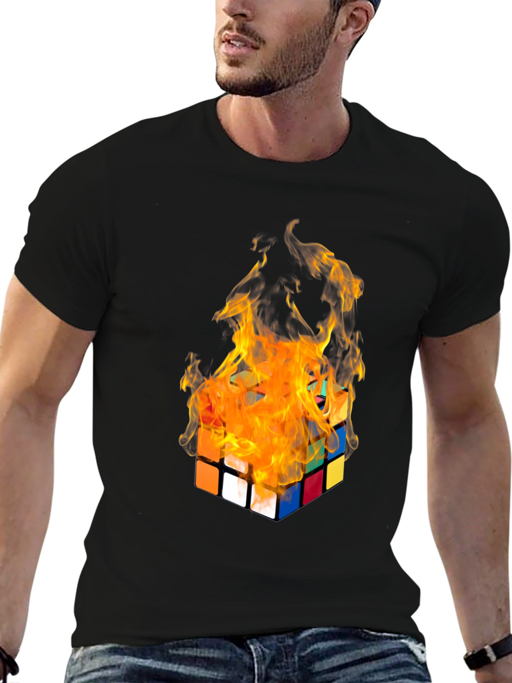Flaming Rubiks Cube Graphic Tee - Cool Design