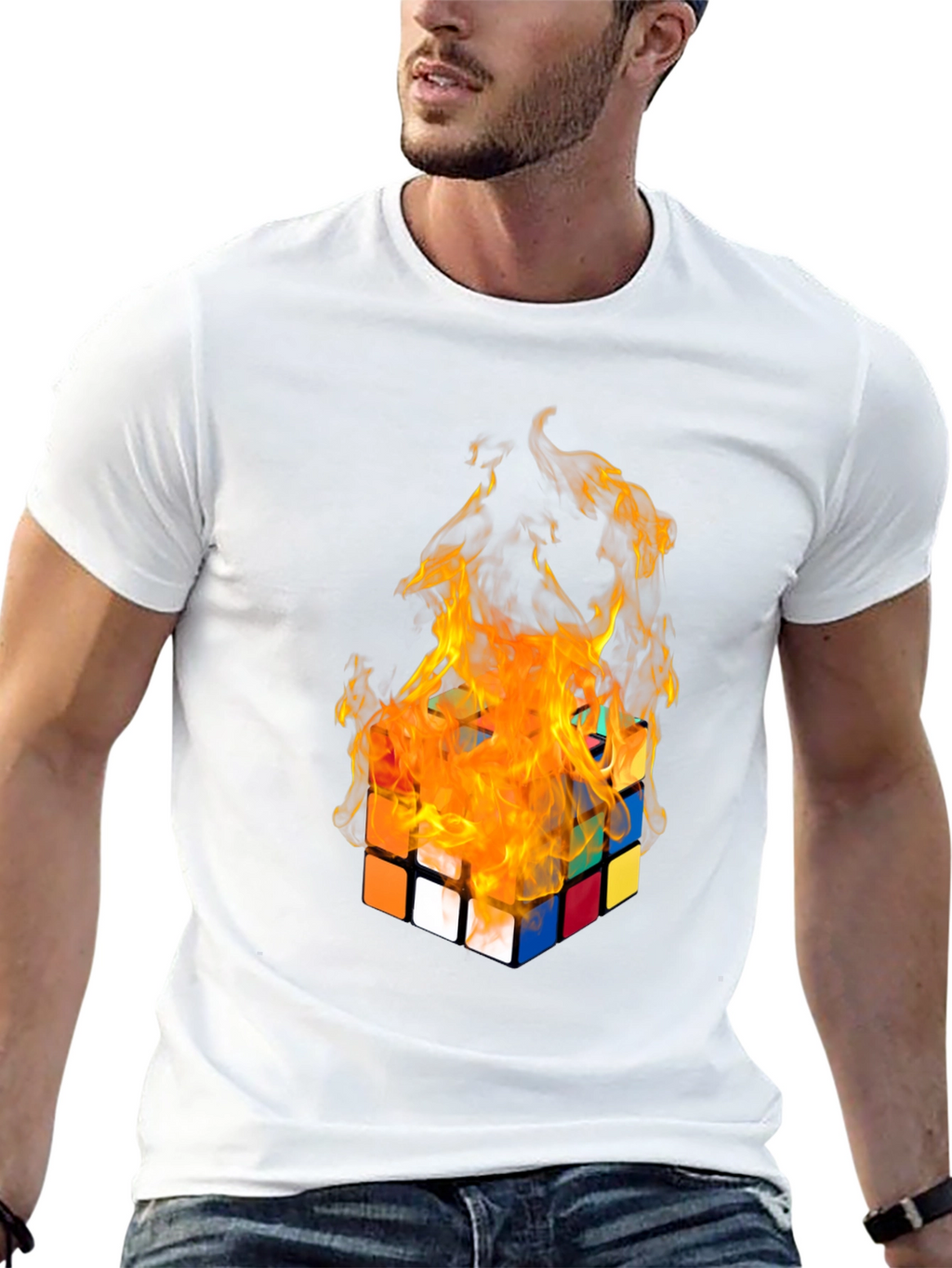 Flaming Rubiks Cube Graphic Tee - Cool Design