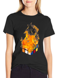 Flaming Rubiks Cube Graphic Tee - Cool Design