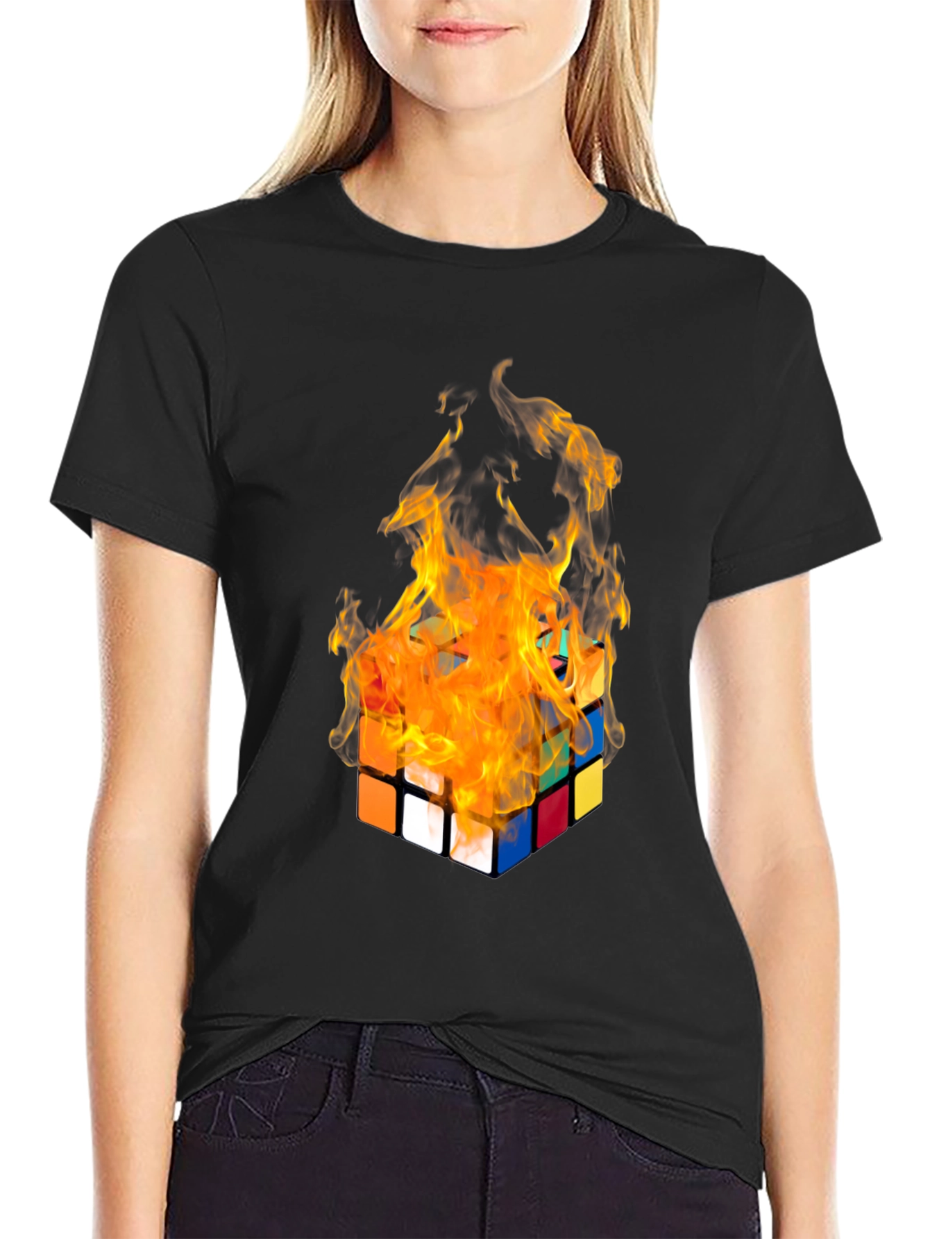 Flaming Rubiks Cube Graphic Tee - Cool Design