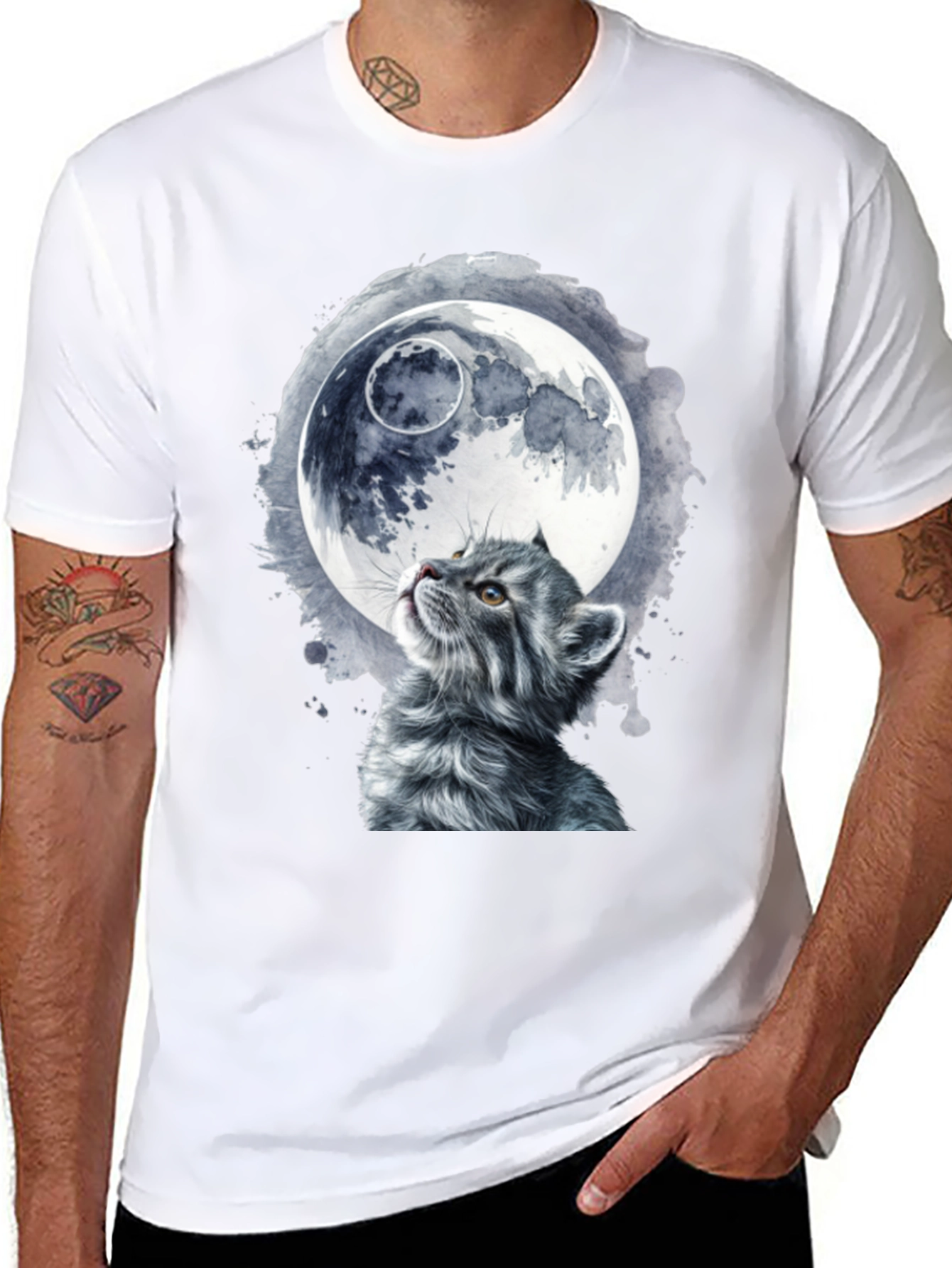 Cat & Moon Graphic T-Shirt - Unique Black Tee