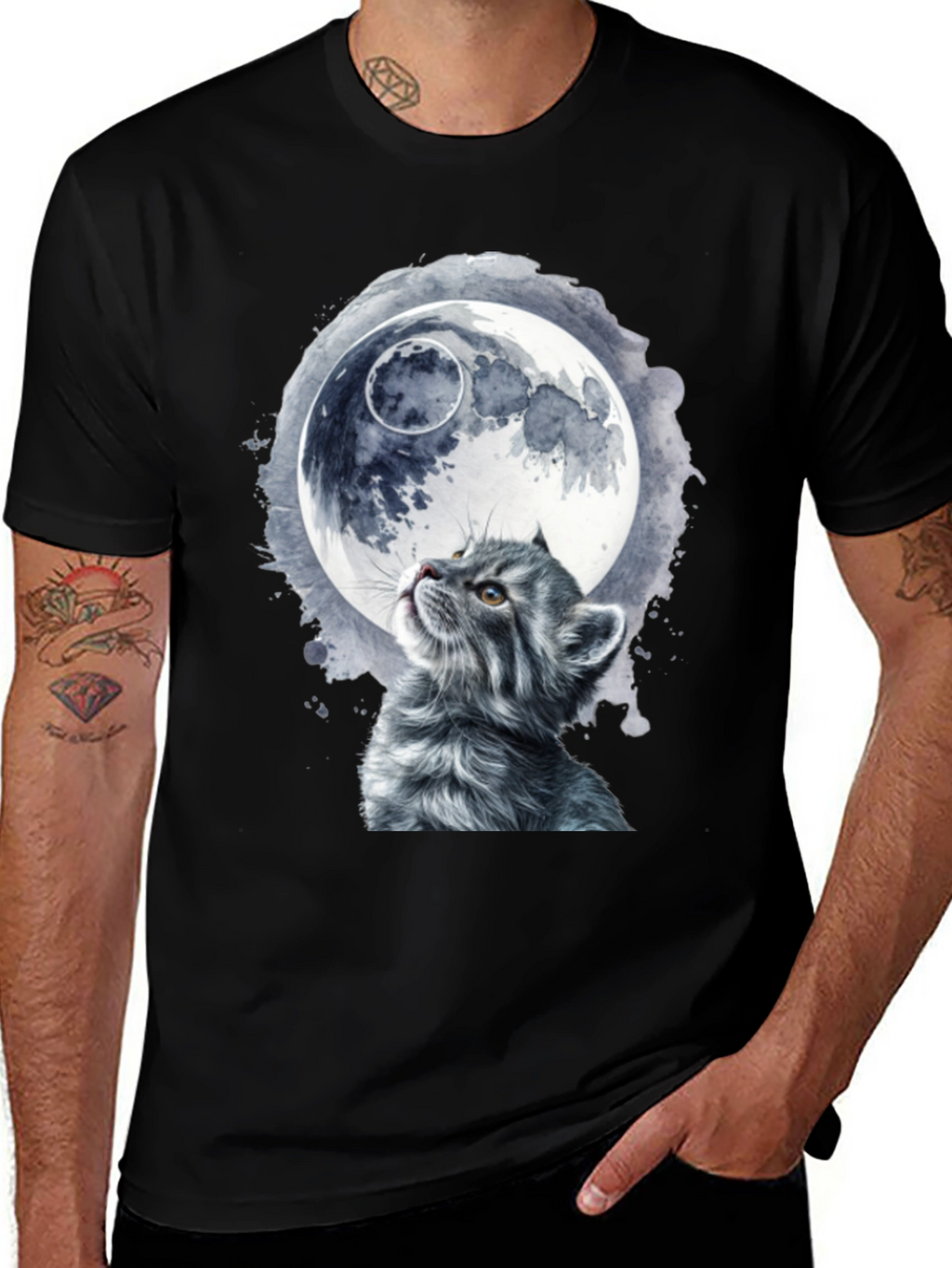 Cat & Moon Graphic T-Shirt - Unique Black Tee