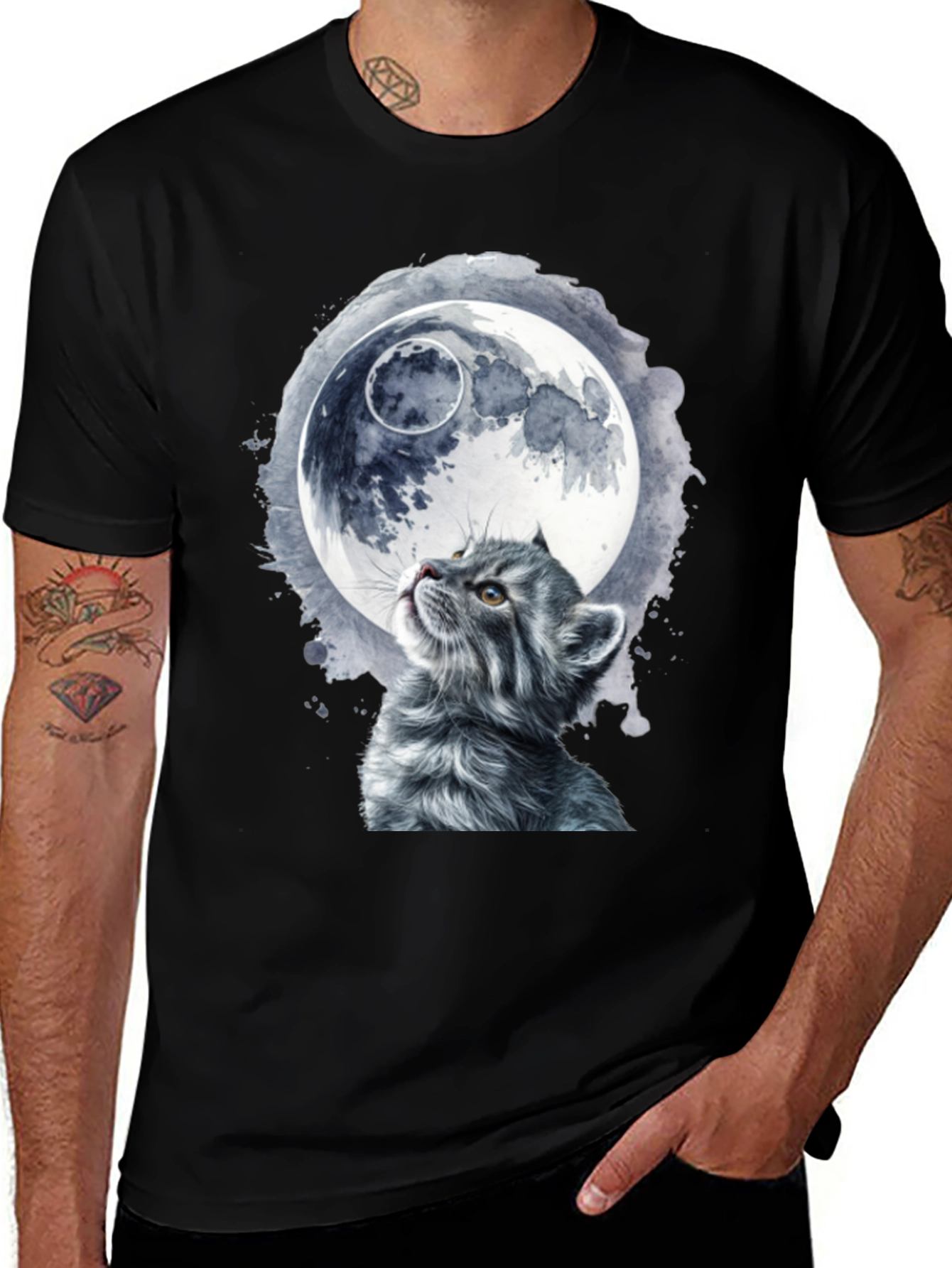 Cat & Moon Graphic T-Shirt - Unique Black Tee