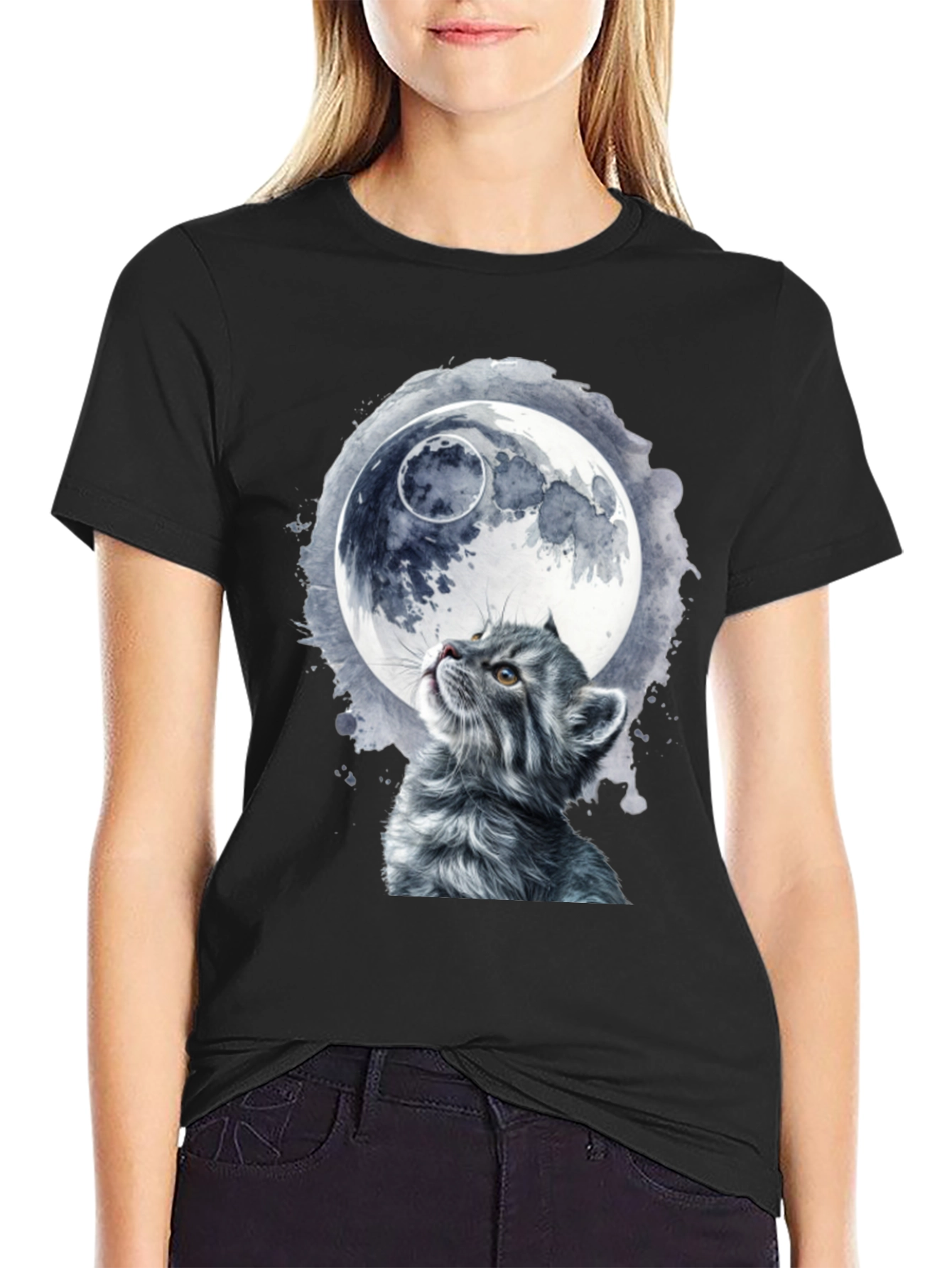 Cat & Moon Graphic T-Shirt - Unique Black Tee