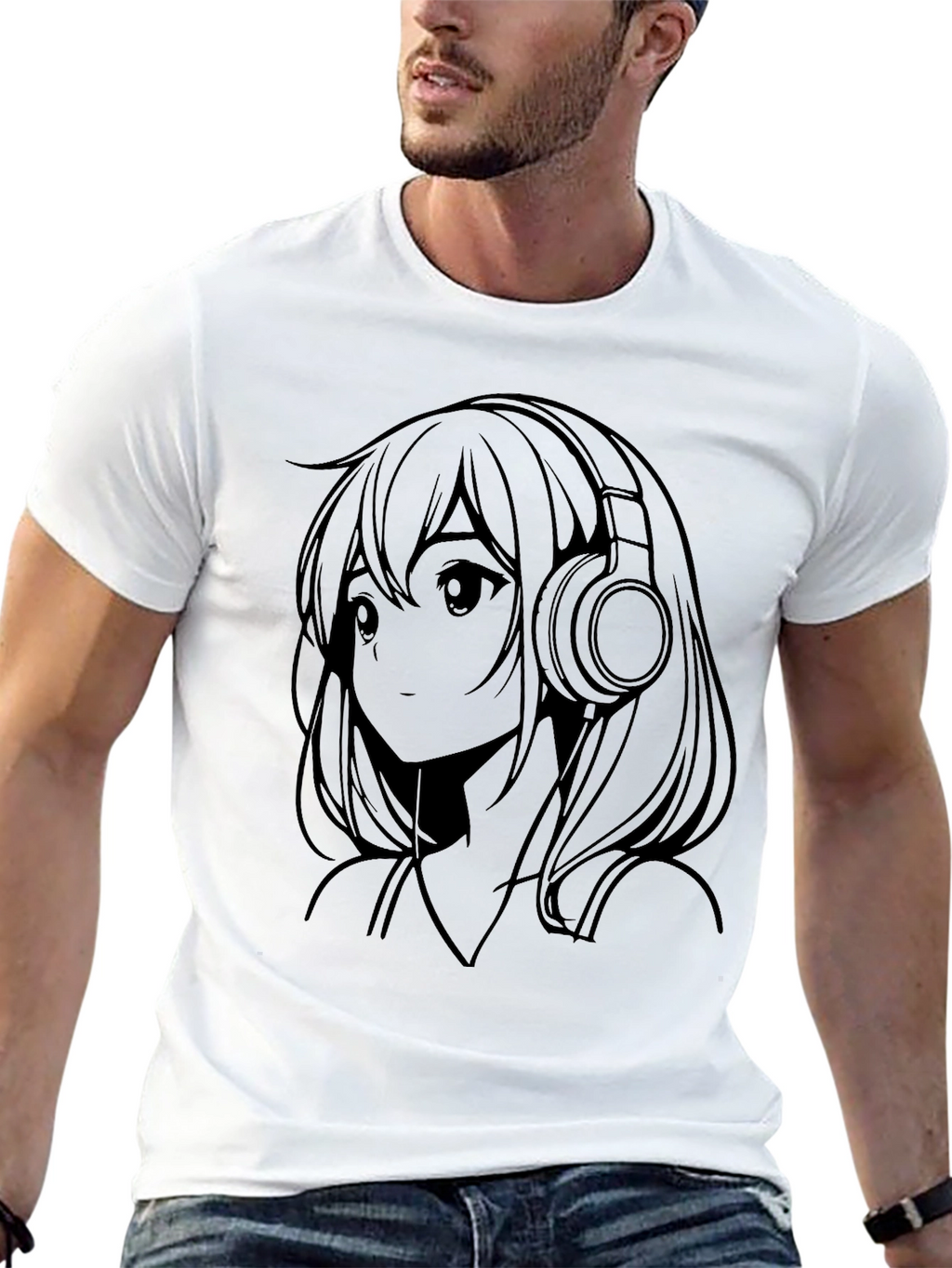 Anime Girl with Headphones Black T-Shirt