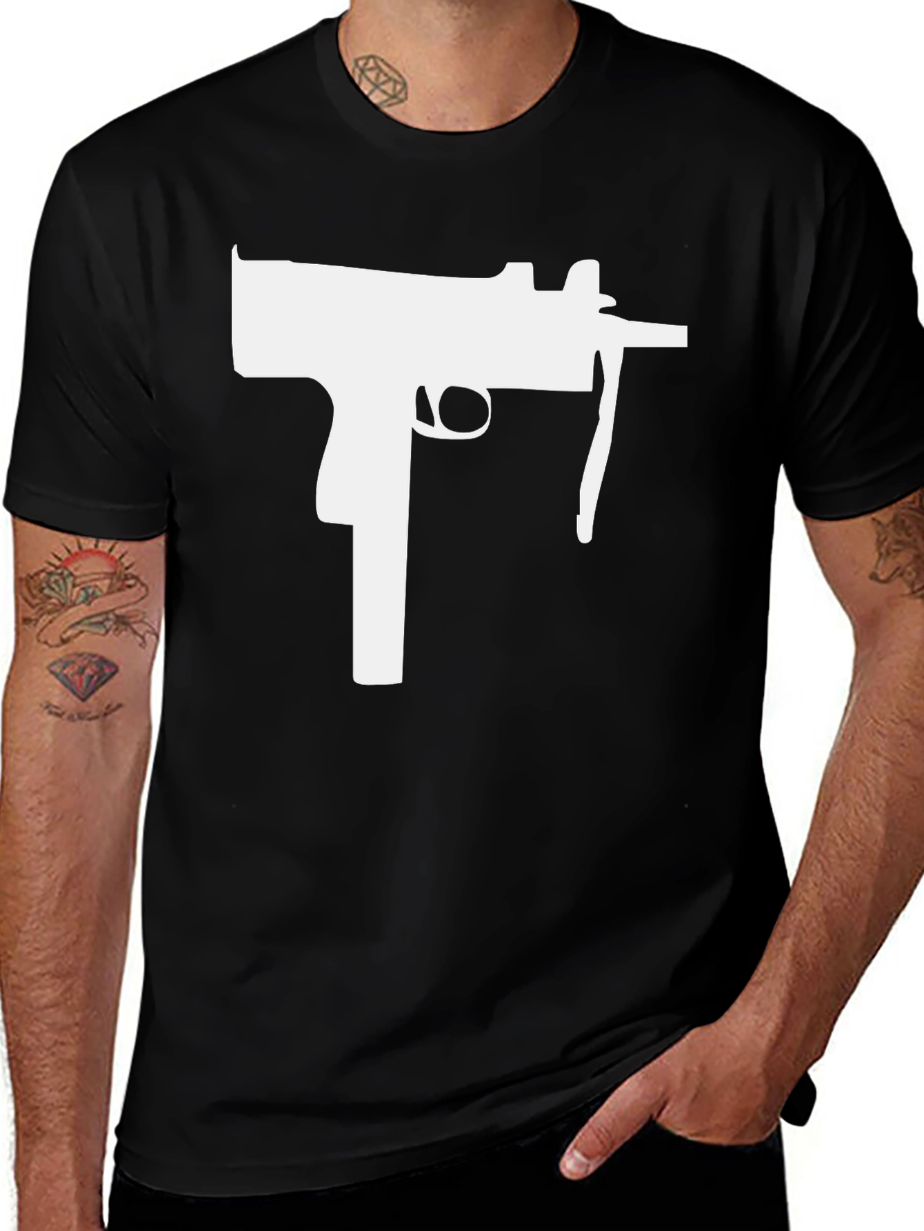 Black T-Shirt with White Gun Graphic