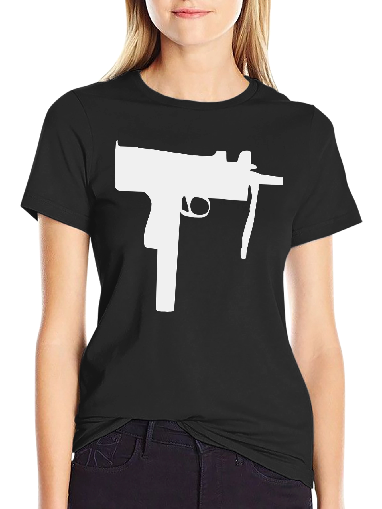 Black T-Shirt with White Gun Graphic