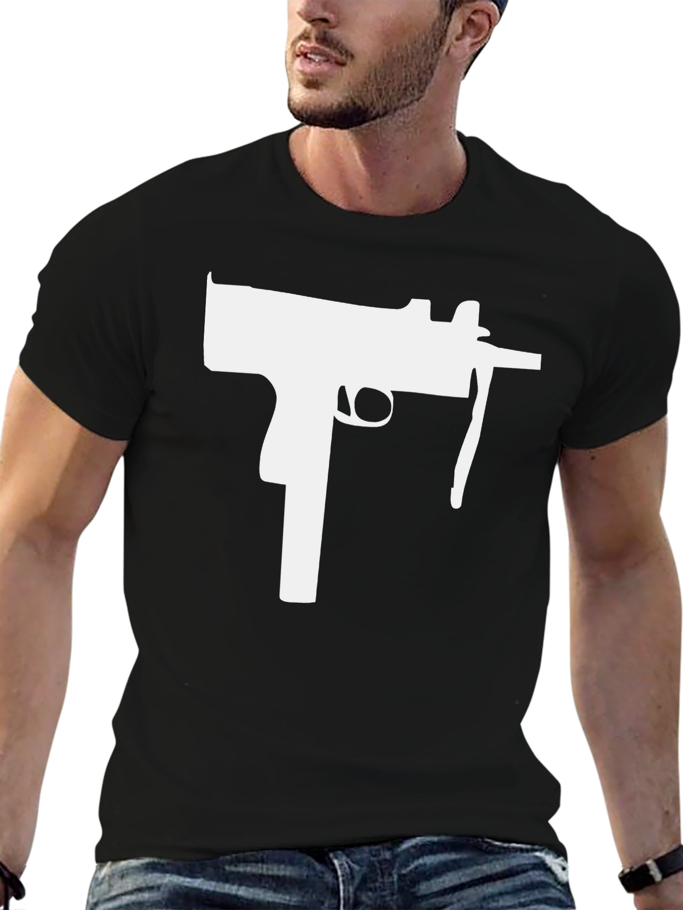 Black T-Shirt with White Gun Graphic