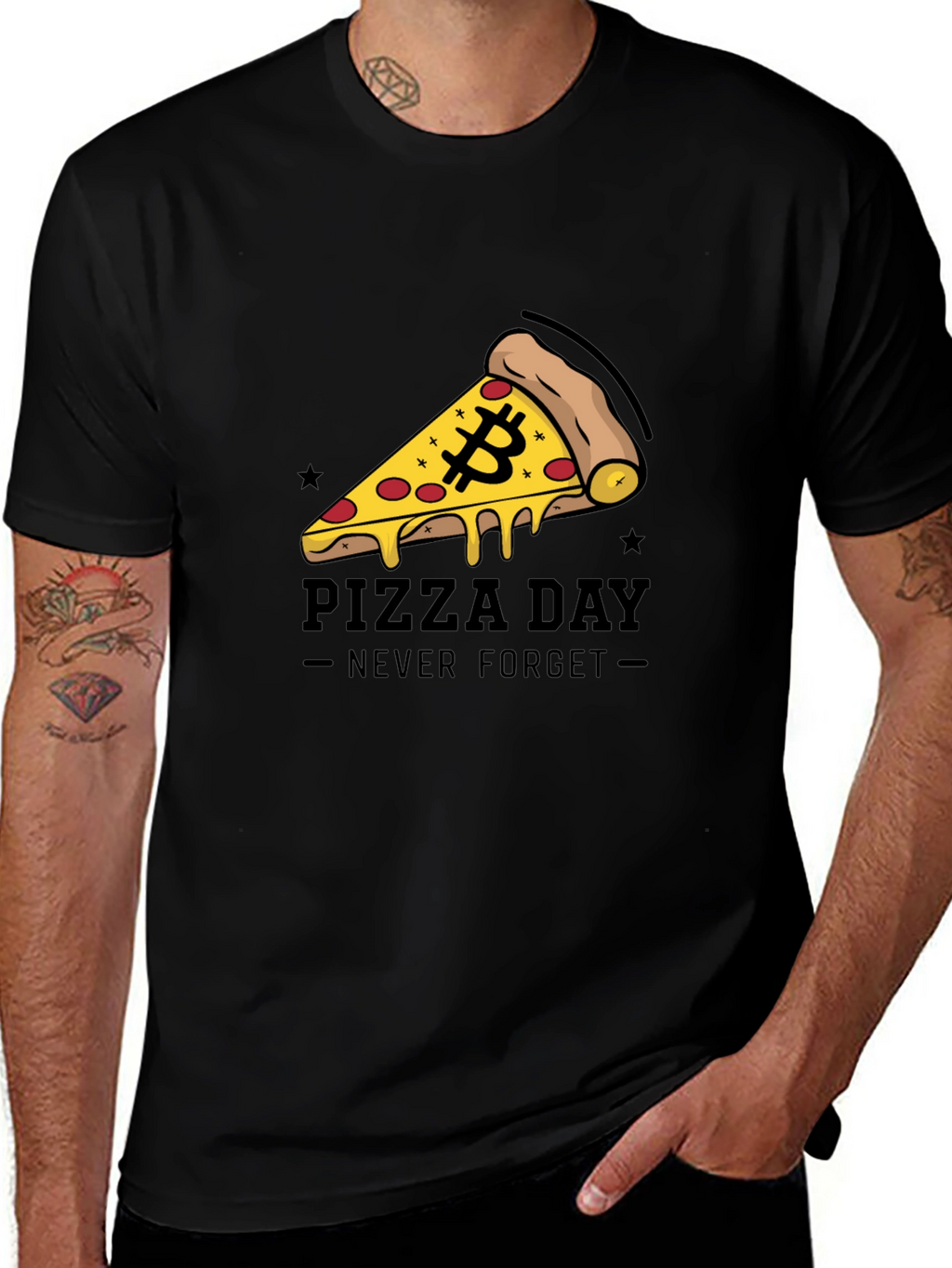 Bitcoin Pizza Day Black T-Shirt - Never Forget