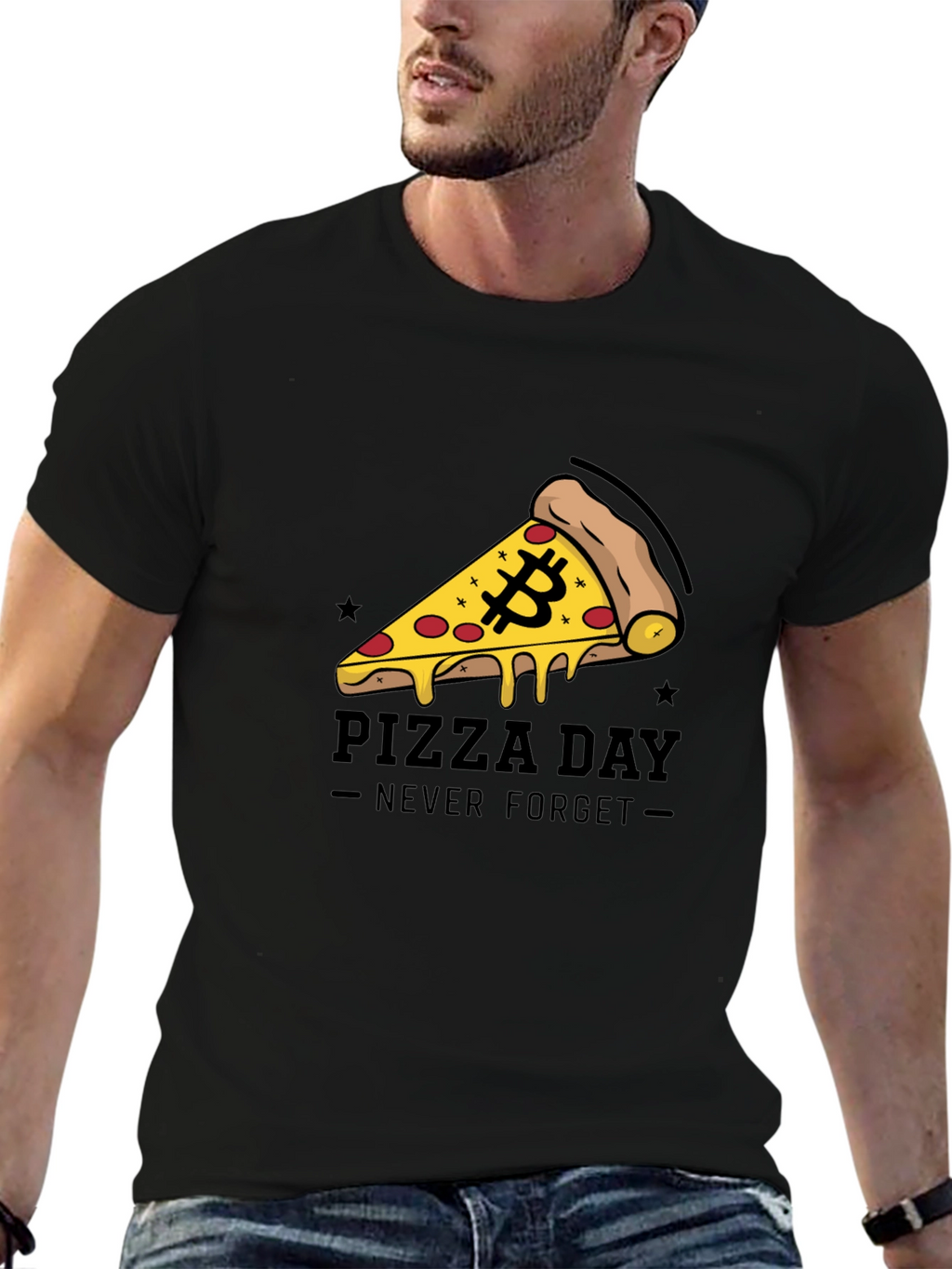 Bitcoin Pizza Day Black T-Shirt - Never Forget
