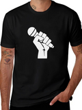 Black T-Shirt with Fist Holding Microphone Graphic