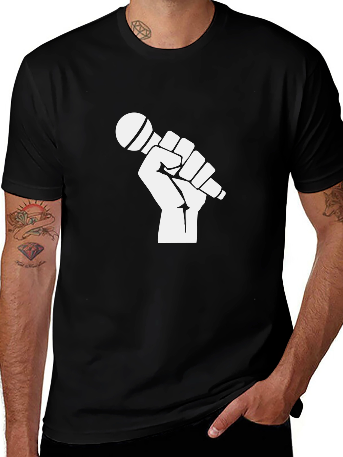 Black T-Shirt with Fist Holding Microphone Graphic