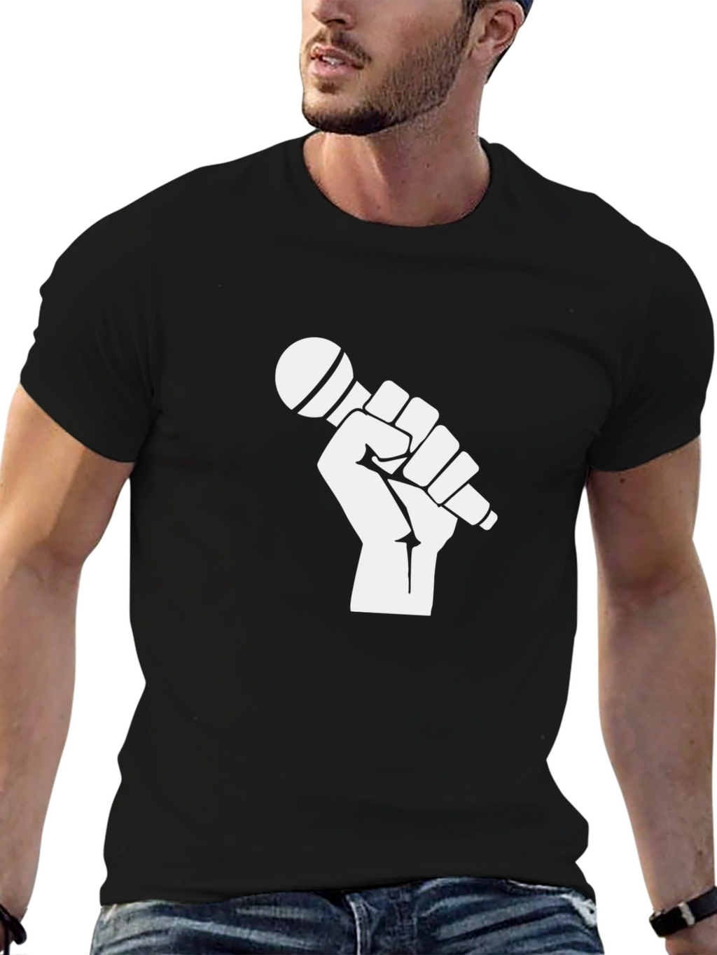 Black T-Shirt with Fist Holding Microphone Graphic