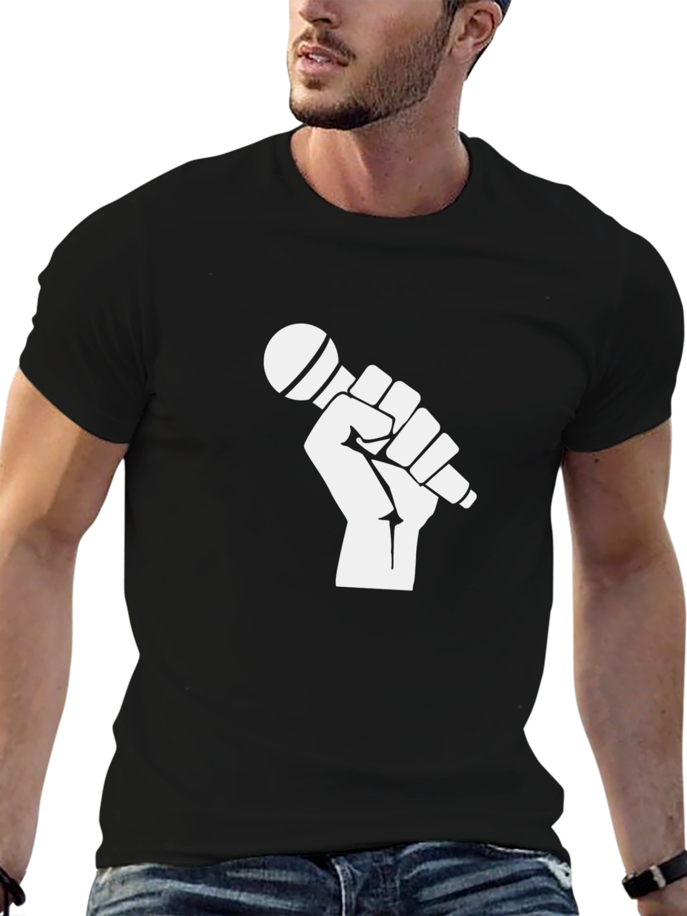 Black T-Shirt with Fist Holding Microphone Graphic