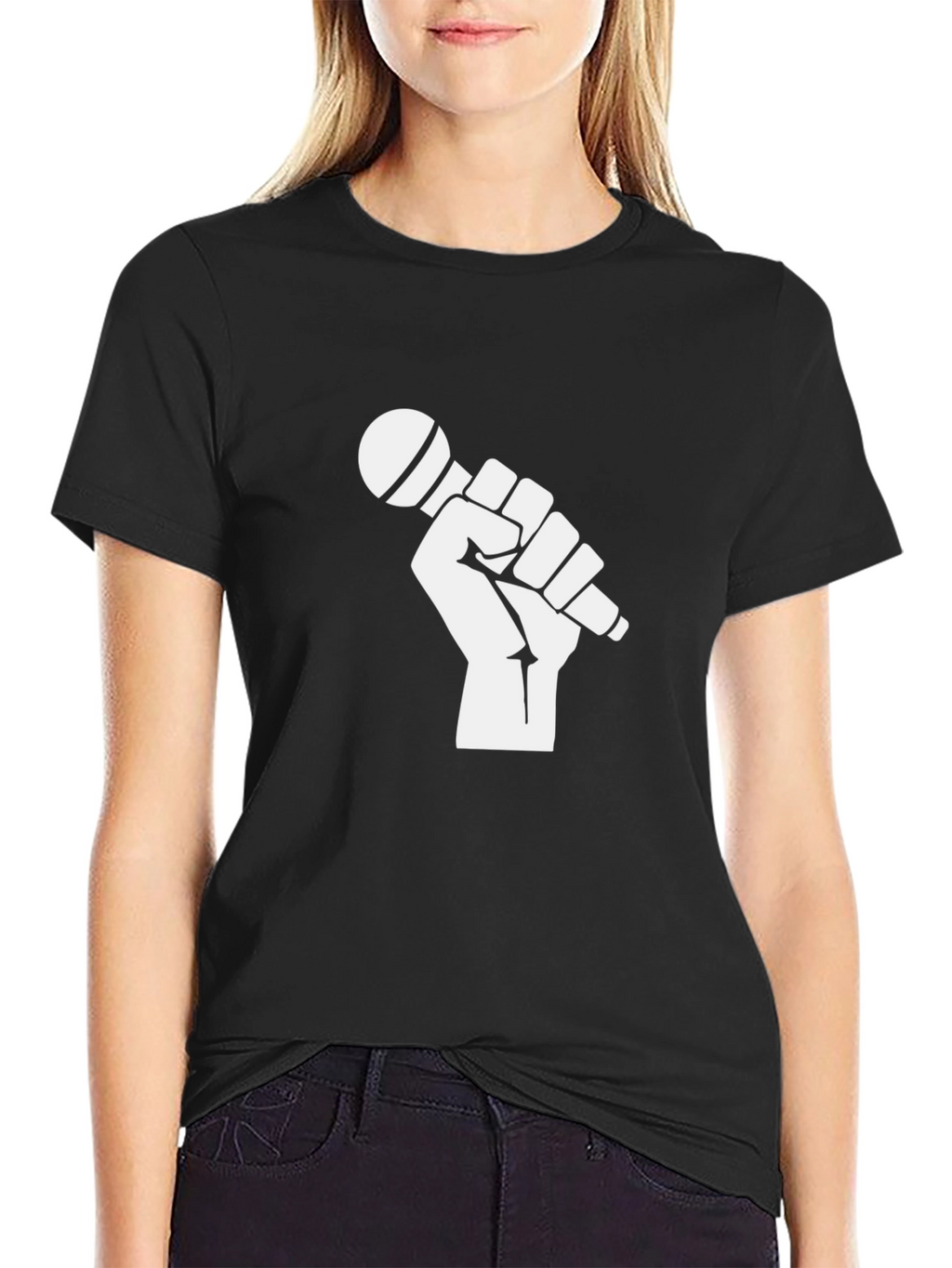 Black T-Shirt with Fist Holding Microphone Graphic