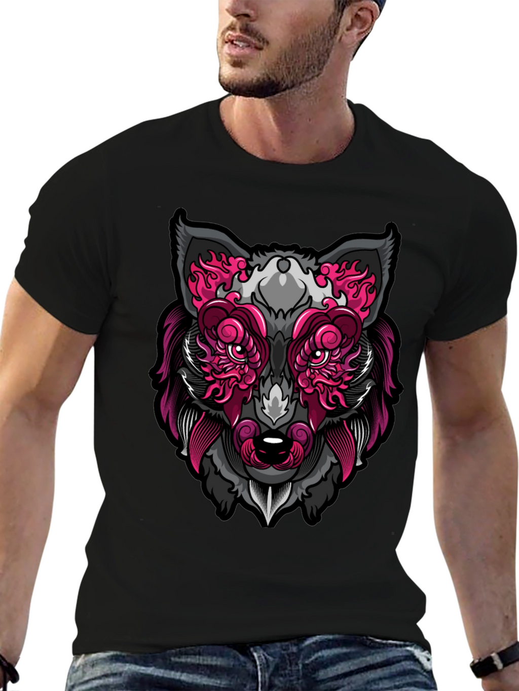 Wolf Face Graphic Print T-Shirt - Black