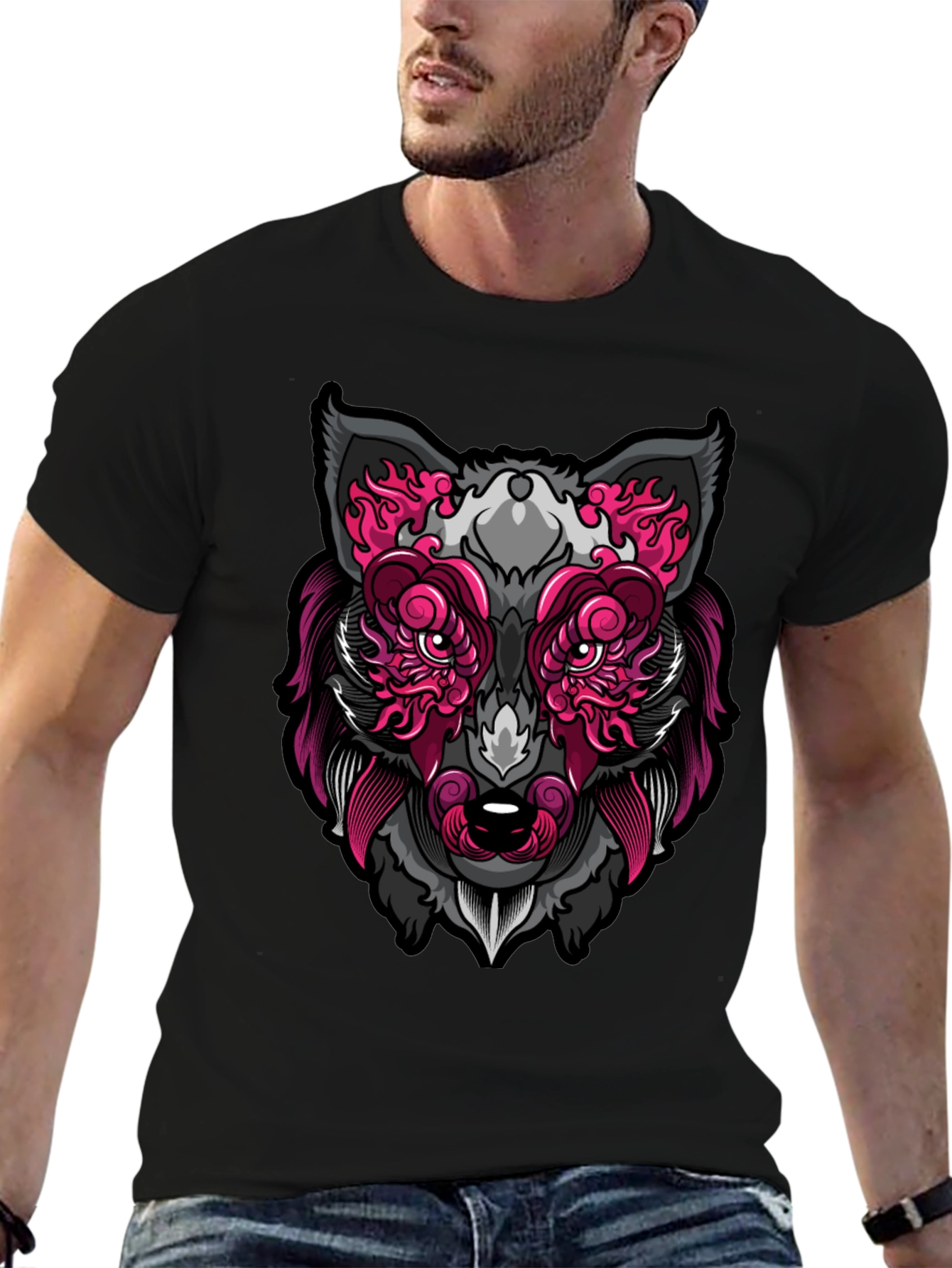 Wolf Face Graphic Print T-Shirt - Black