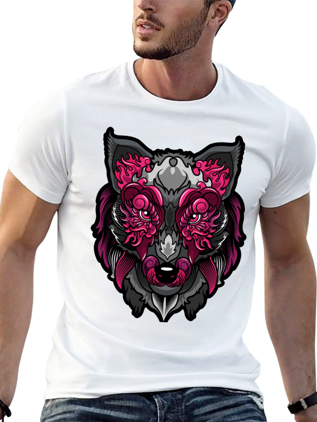Wolf Face Graphic Print T-Shirt - Black
