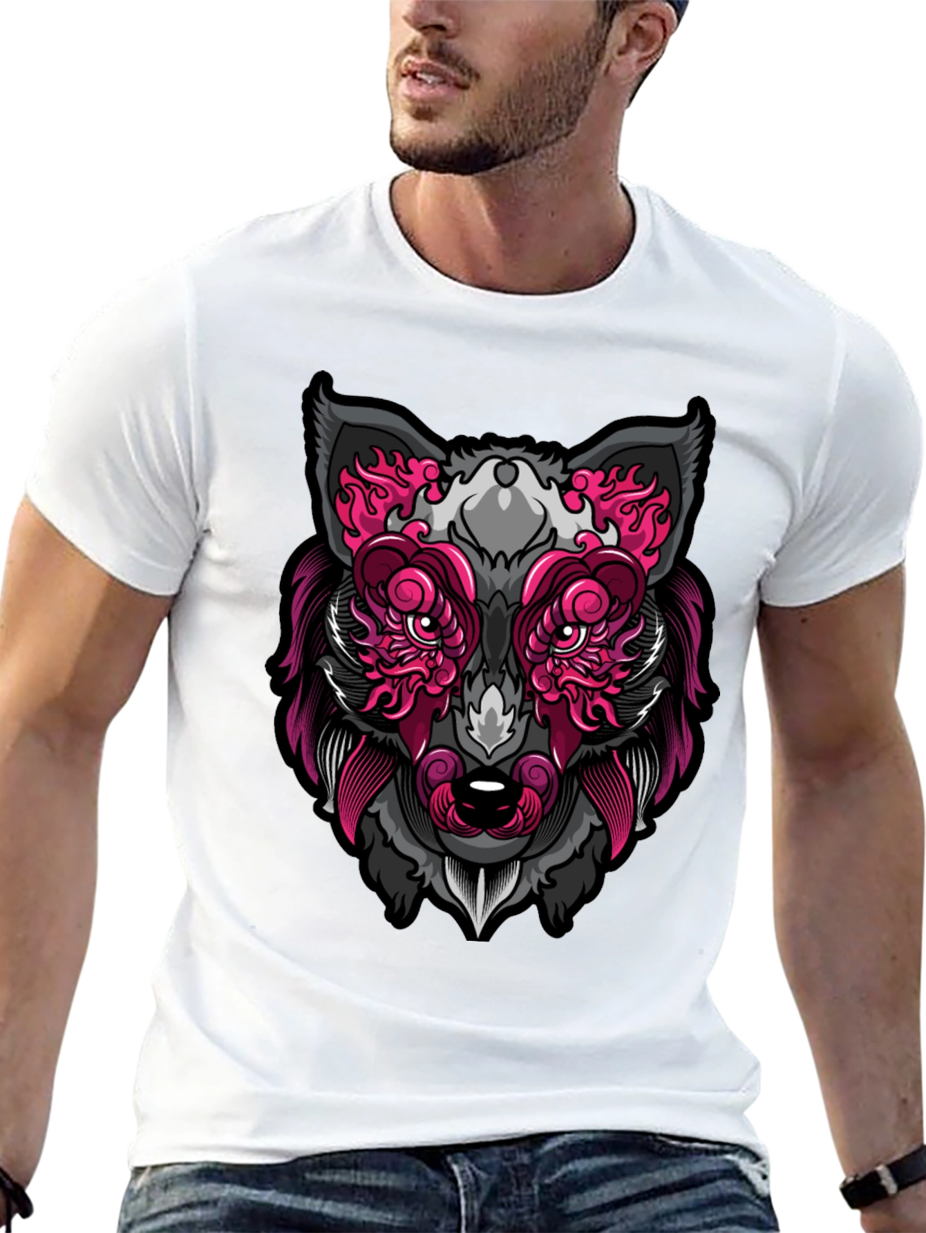 Wolf Face Graphic Print T-Shirt - Black