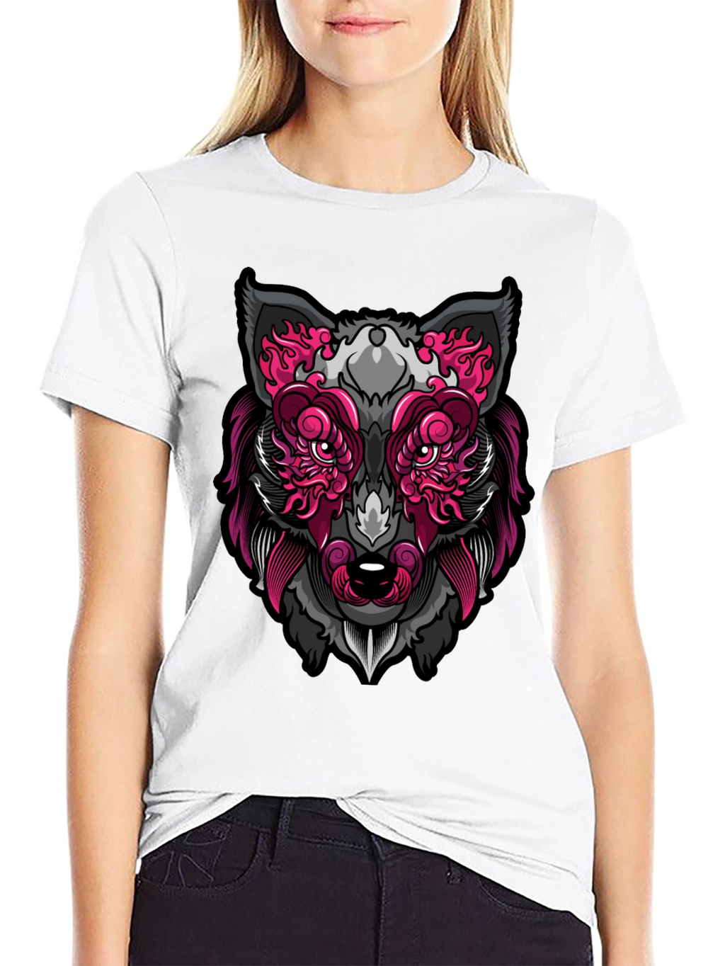 Wolf Face Graphic Print T-Shirt - Black