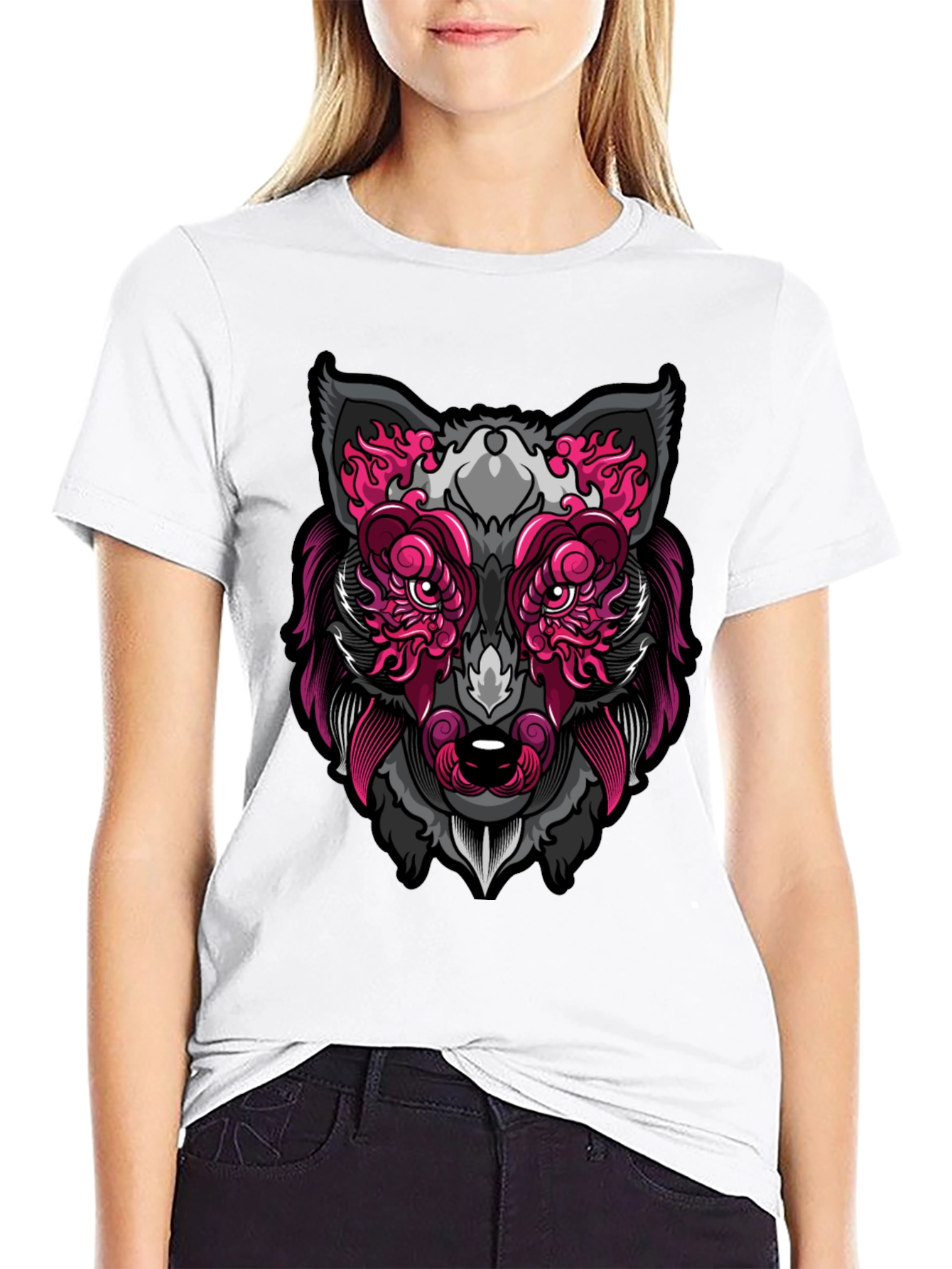 Wolf Face Graphic Print T-Shirt - Black